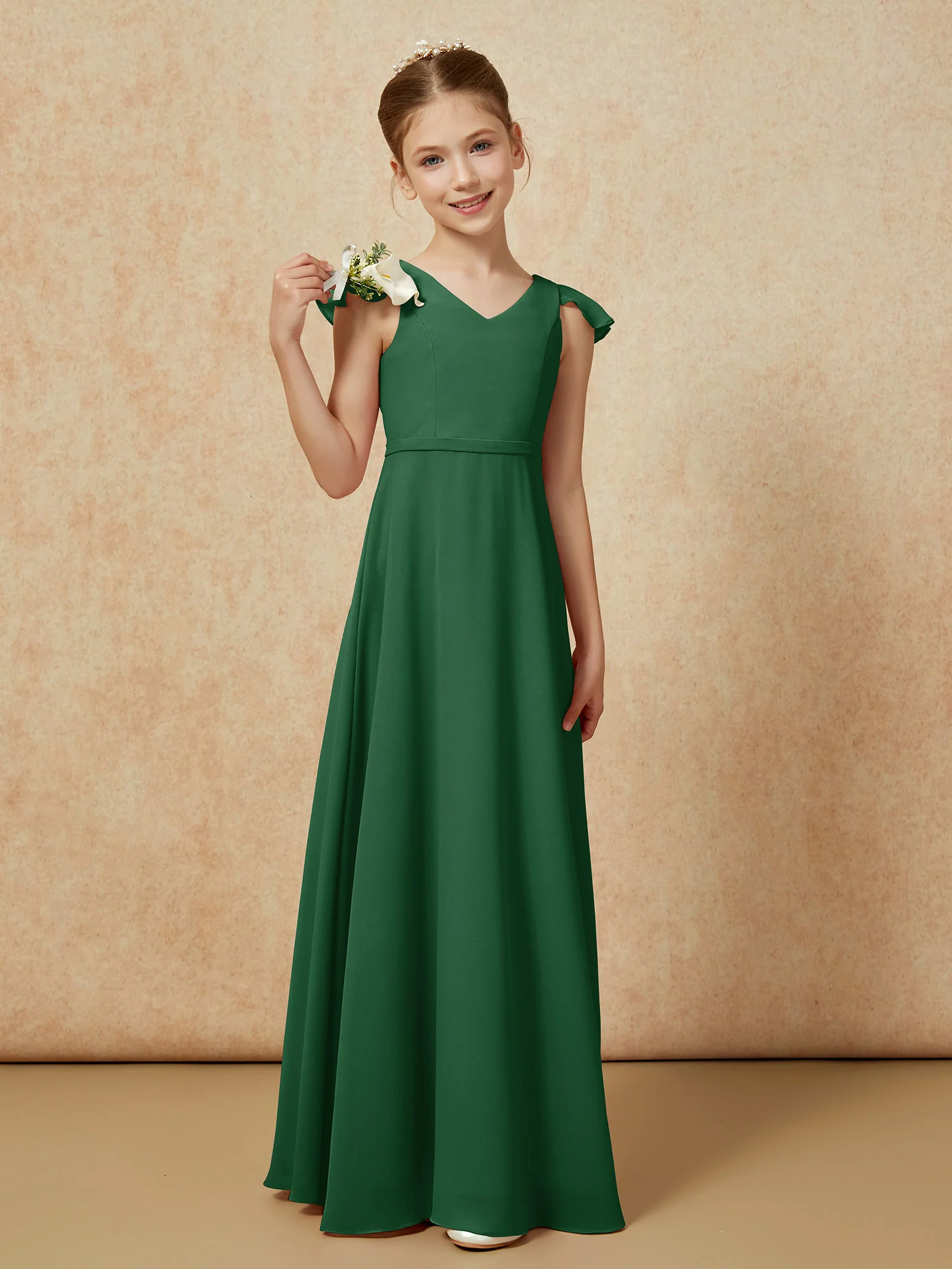 Flutter Sleeves Chiffon A-Line Junior Bridesmaid Dresses Dark Green