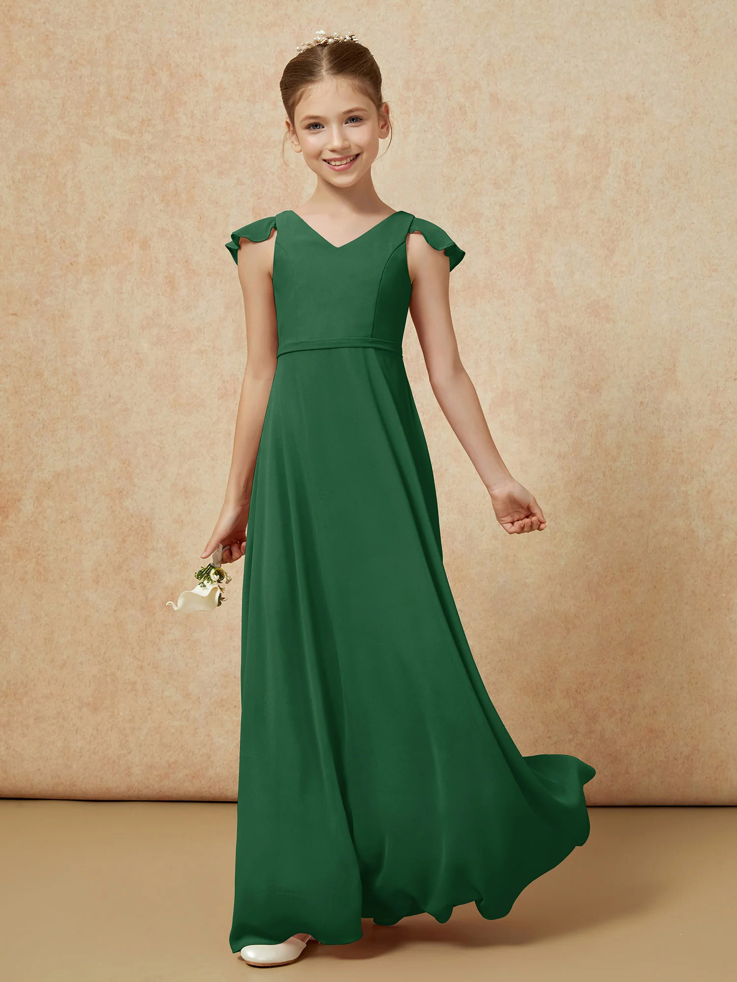 Flutter Sleeves Chiffon A-Line Junior Bridesmaid Dresses Dark Green - Image 3