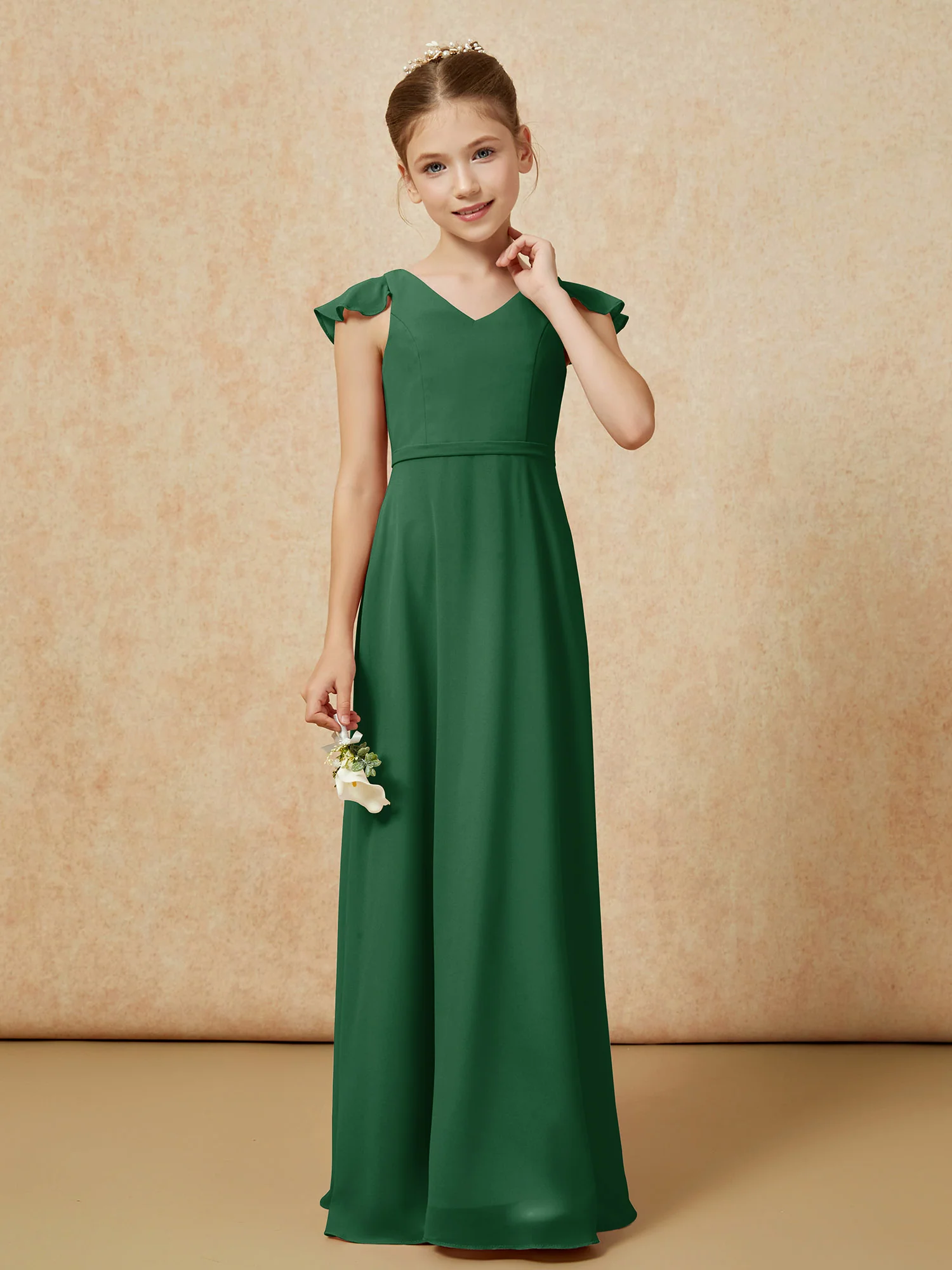Flutter Sleeves Chiffon A-Line Junior Bridesmaid Dresses Dark Green - Image 4