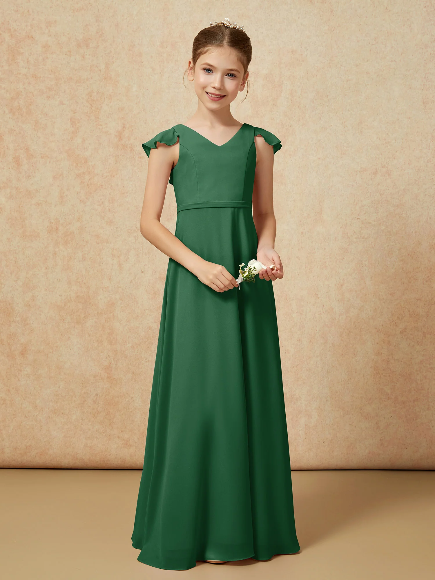 Flutter Sleeves Chiffon A-Line Junior Bridesmaid Dresses Dark Green - Image 5