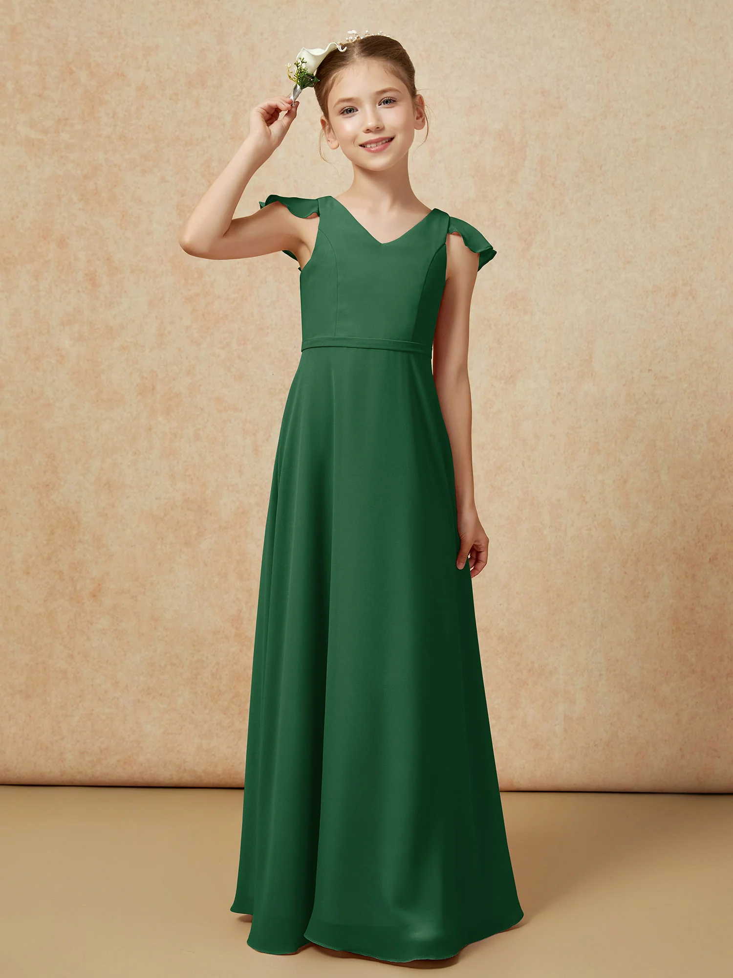 Flutter Sleeves Chiffon A-Line Junior Bridesmaid Dresses Dark Green - Image 6