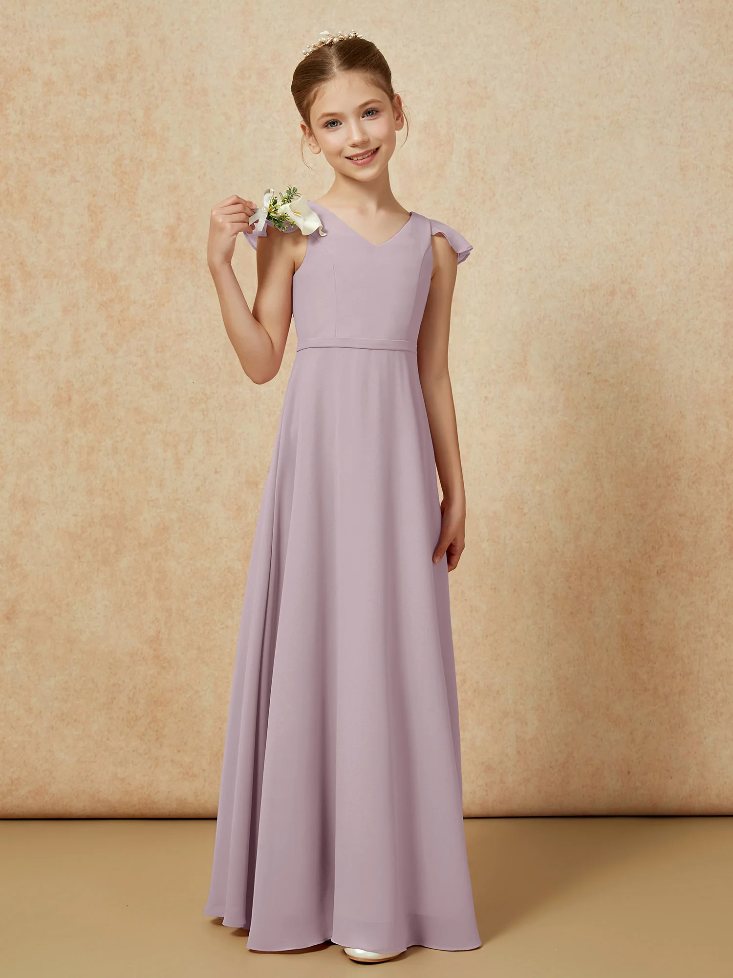Flutter Sleeves Chiffon A-Line Junior Bridesmaid Dresses Dusk