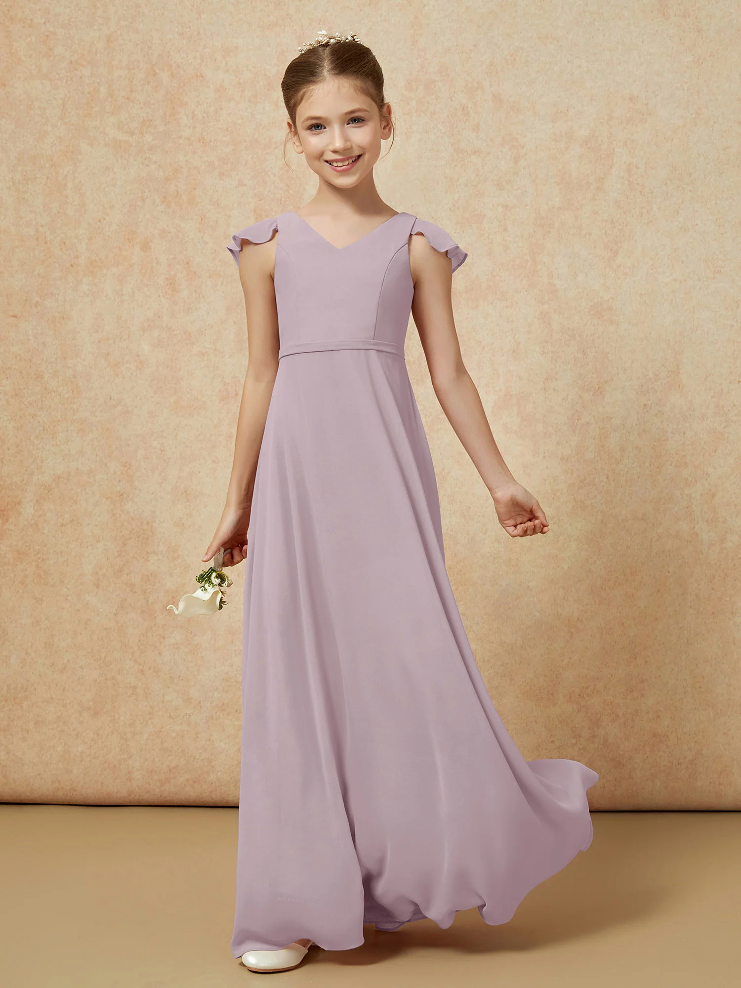 Flutter Sleeves Chiffon A-Line Junior Bridesmaid Dresses Dusk - Image 3