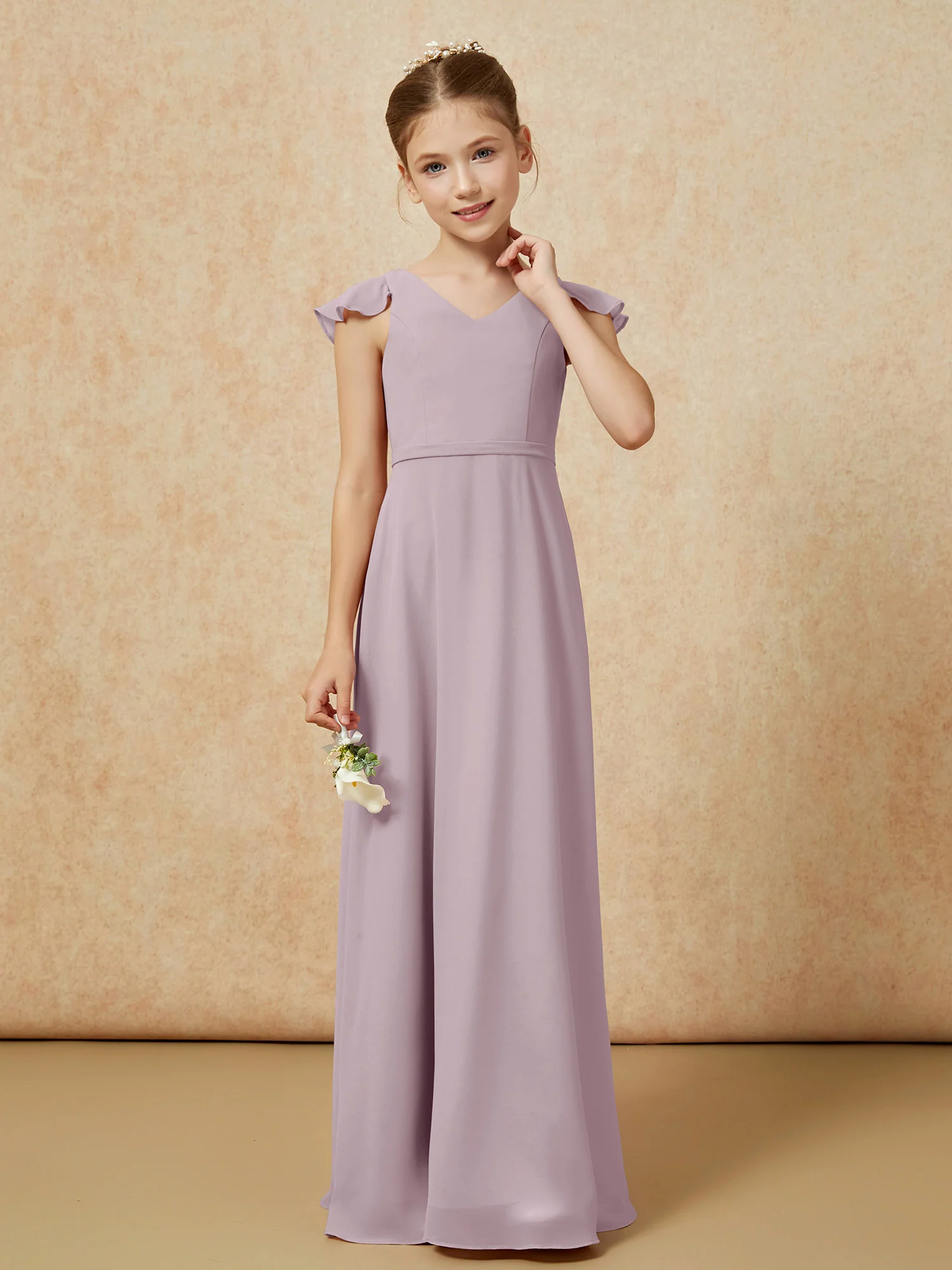 Flutter Sleeves Chiffon A-Line Junior Bridesmaid Dresses Dusk - Image 4