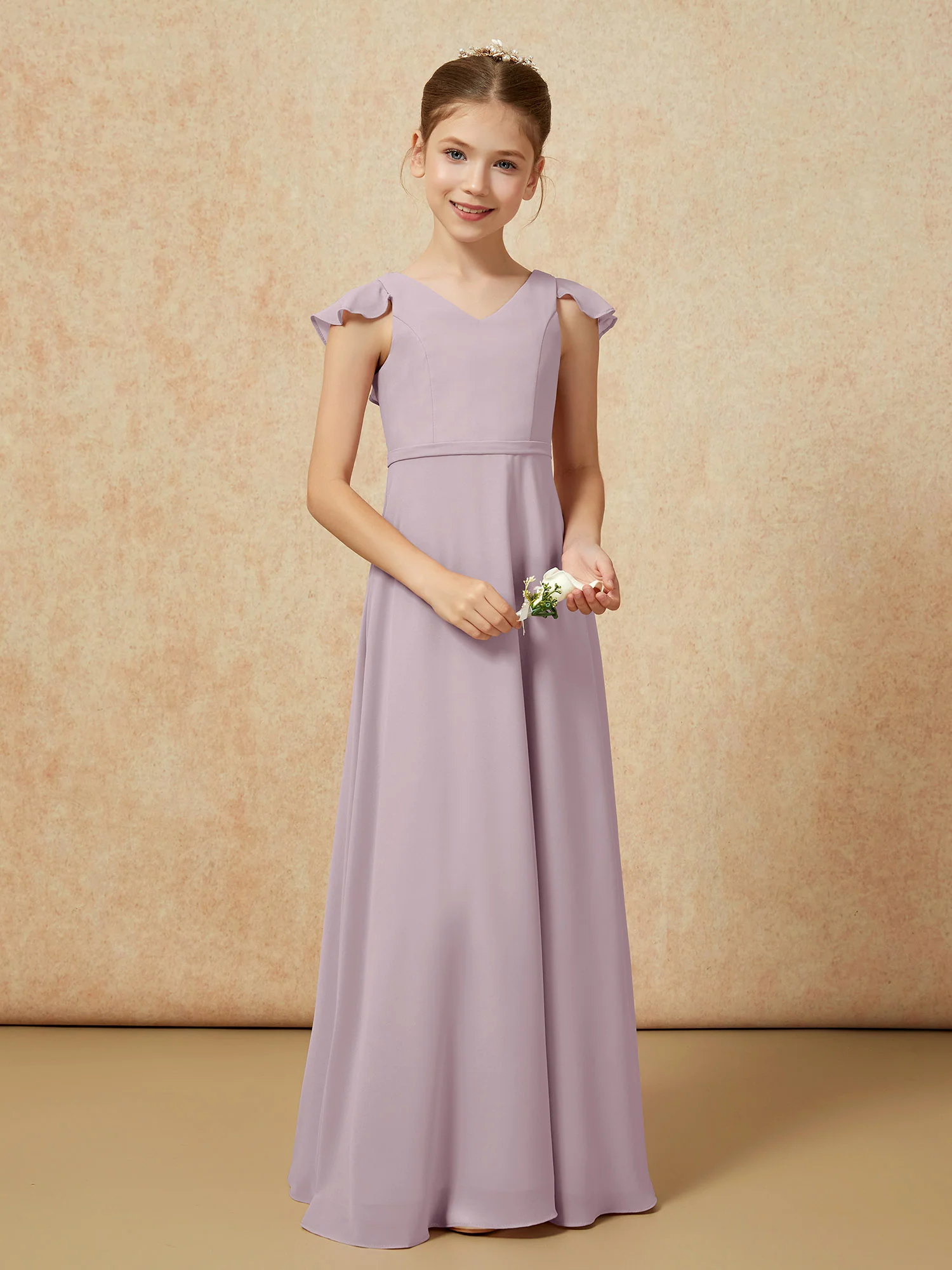 Flutter Sleeves Chiffon A-Line Junior Bridesmaid Dresses Dusk - Image 5