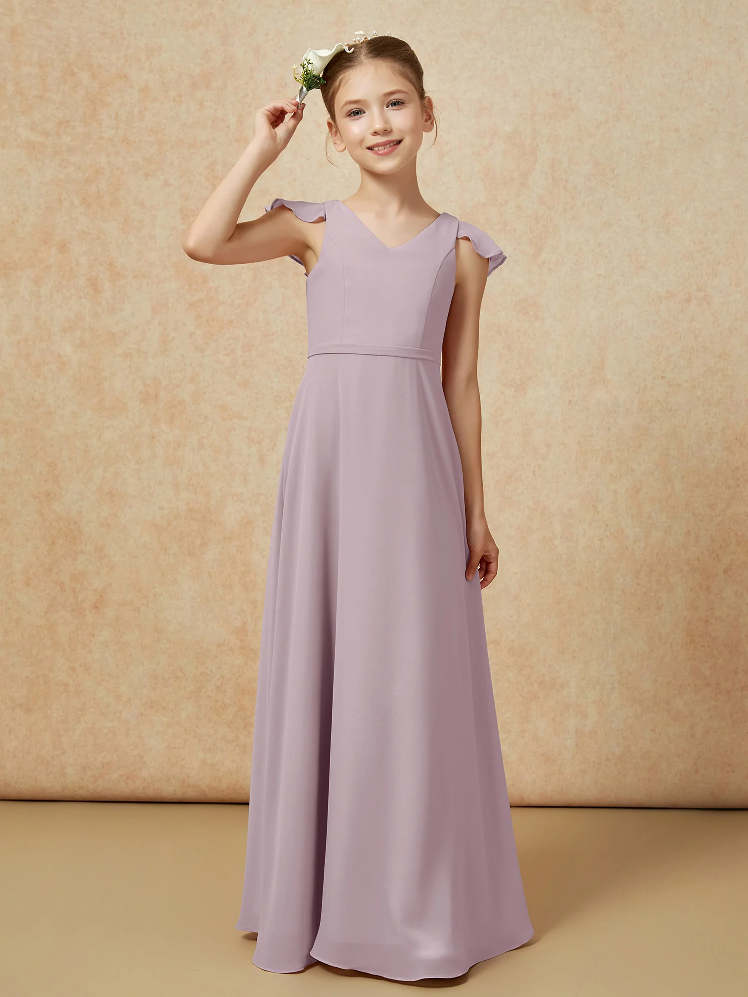 Flutter Sleeves Chiffon A-Line Junior Bridesmaid Dresses Dusk - Image 6