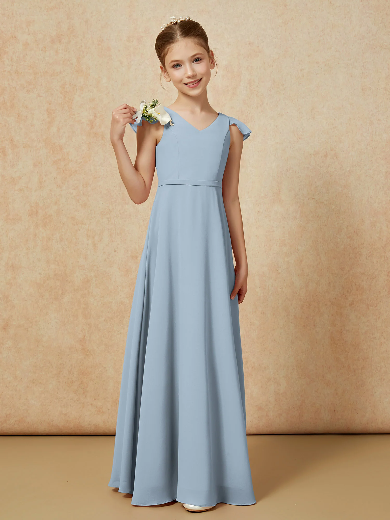 Flutter Sleeves Chiffon A-Line Junior Bridesmaid Dresses Dusty Blue