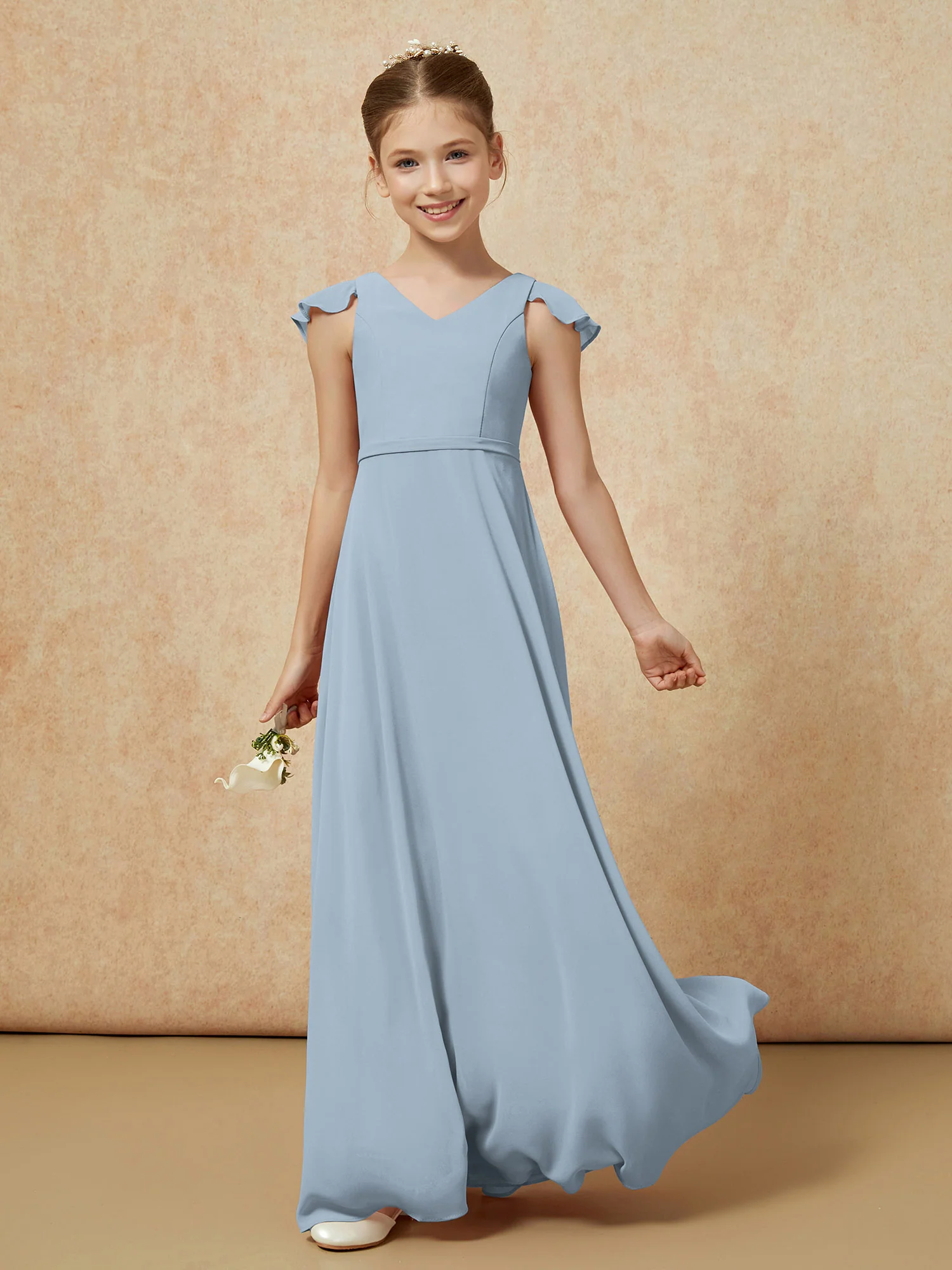 Flutter Sleeves Chiffon A-Line Junior Bridesmaid Dresses Dusty Blue - Image 3