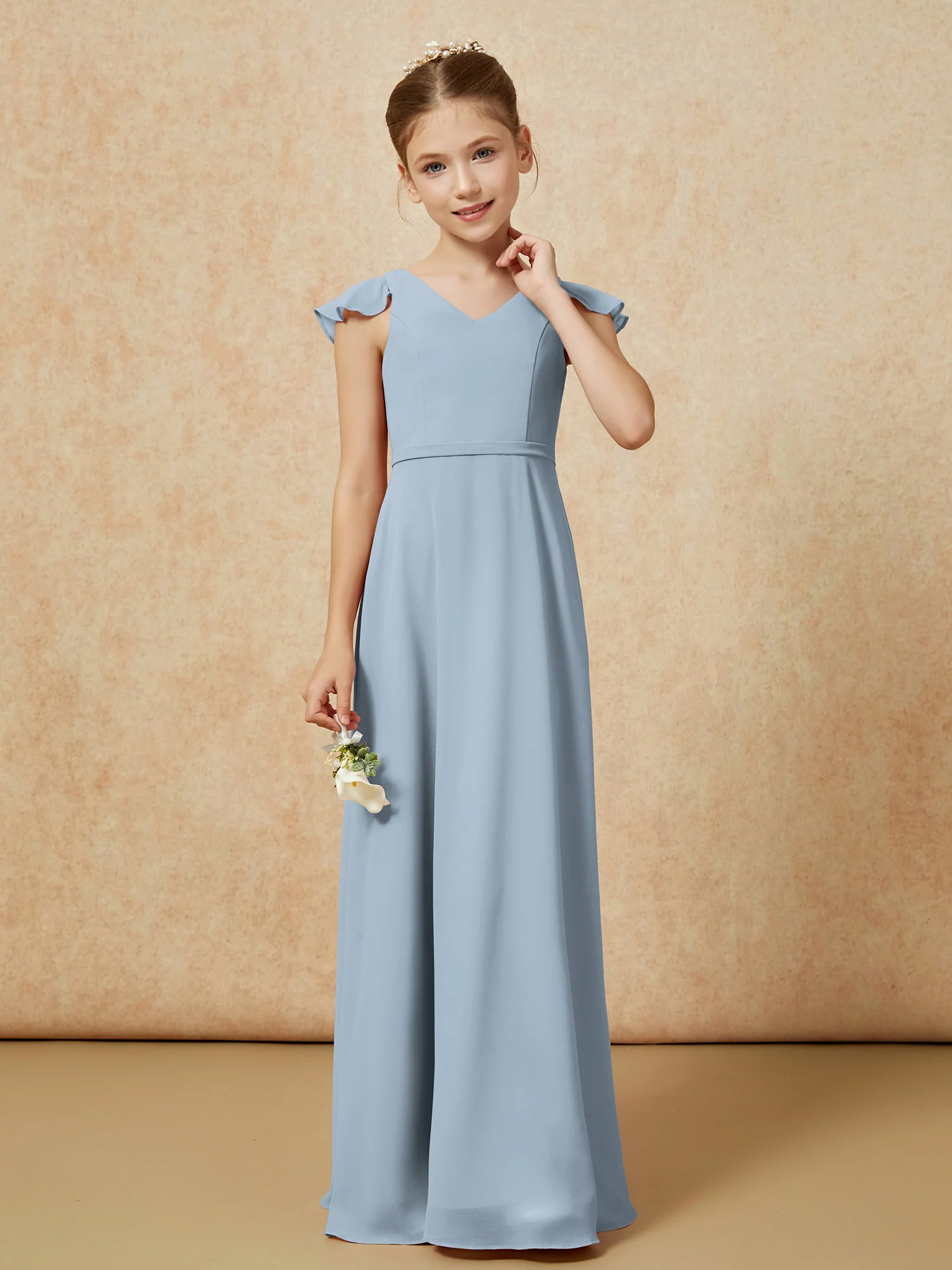 Flutter Sleeves Chiffon A-Line Junior Bridesmaid Dresses Dusty Blue - Image 4