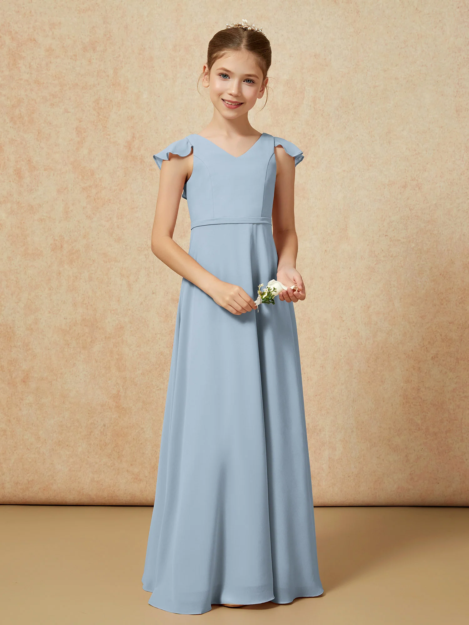 Flutter Sleeves Chiffon A-Line Junior Bridesmaid Dresses Dusty Blue - Image 5