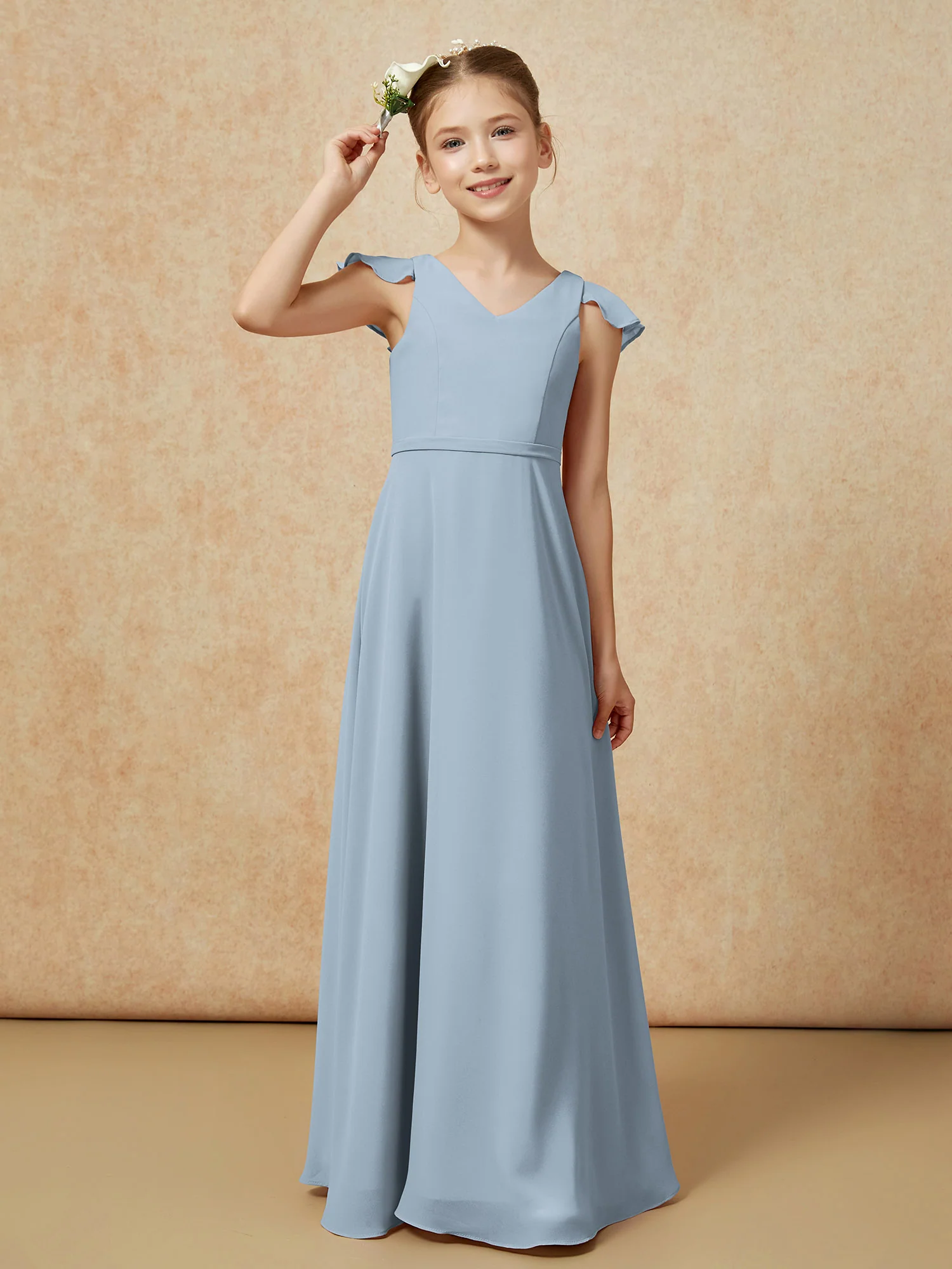 Flutter Sleeves Chiffon A-Line Junior Bridesmaid Dresses Dusty Blue - Image 6