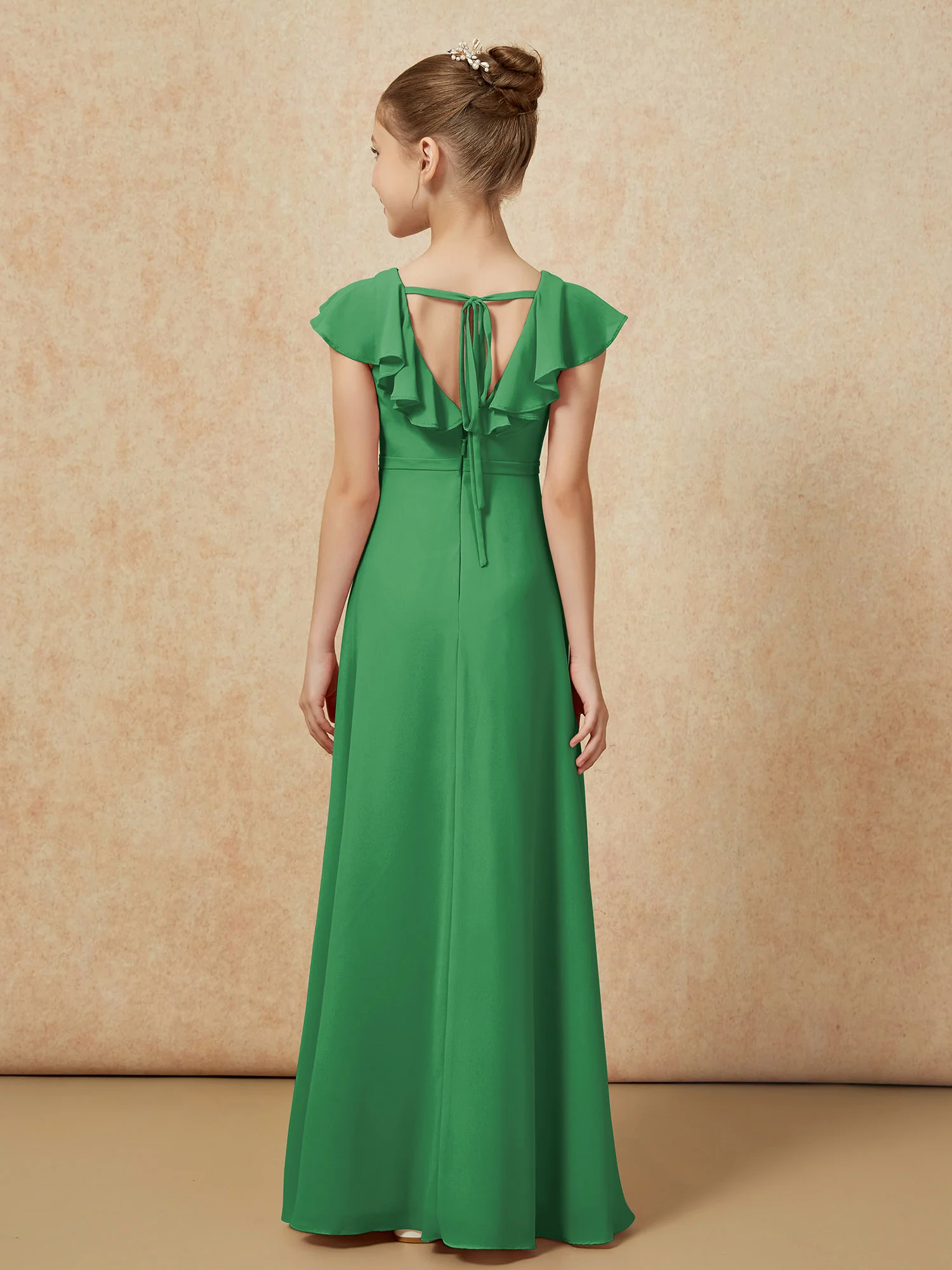 Flutter Sleeves Chiffon A-Line Junior Bridesmaid Dresses Emerald - Image 2