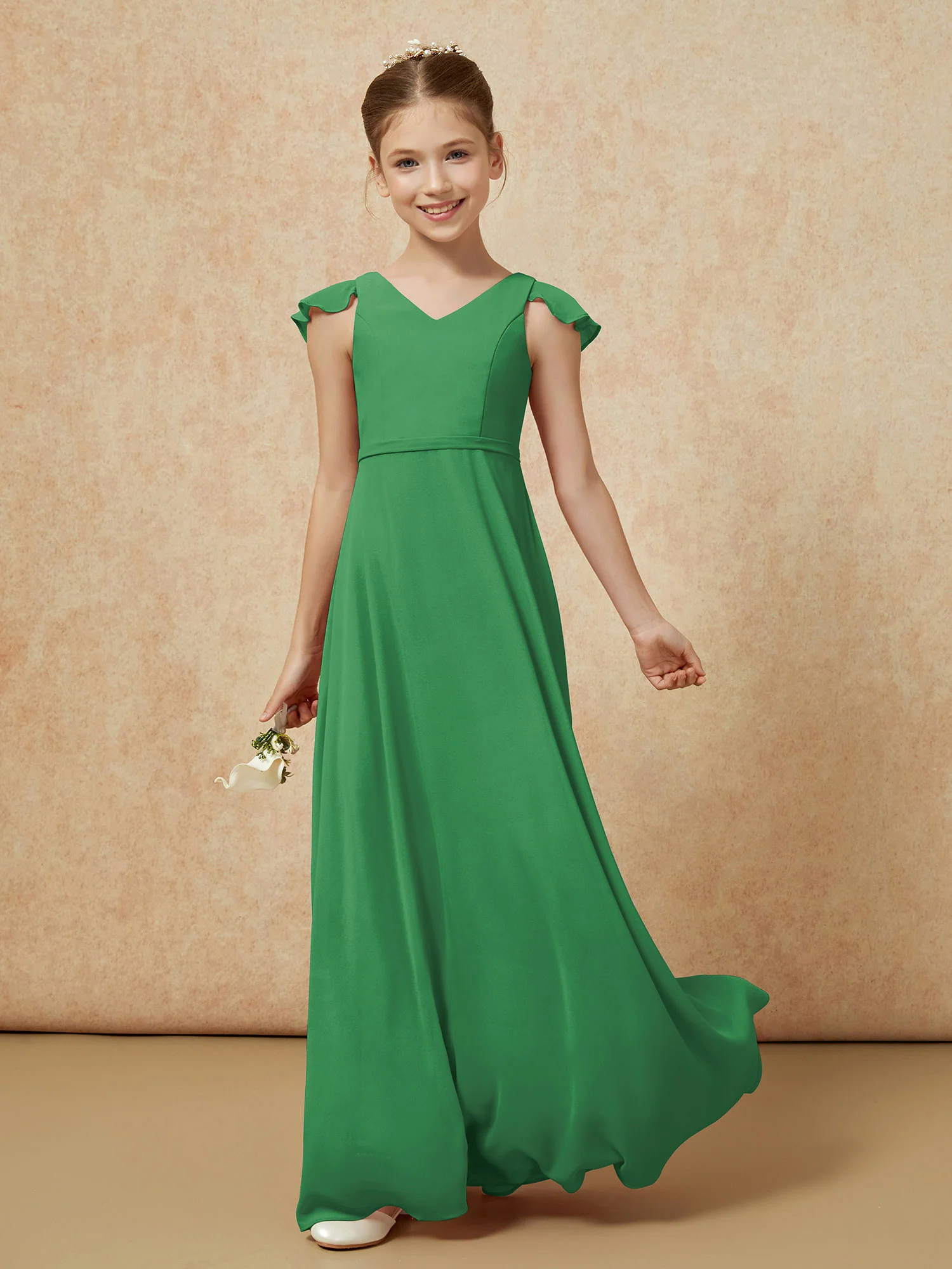 Flutter Sleeves Chiffon A-Line Junior Bridesmaid Dresses Emerald - Image 3