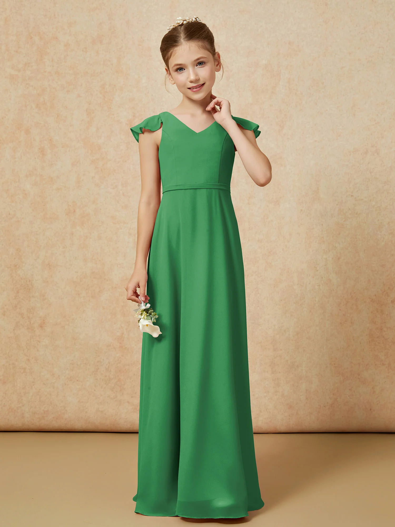 Flutter Sleeves Chiffon A-Line Junior Bridesmaid Dresses Emerald - Image 4