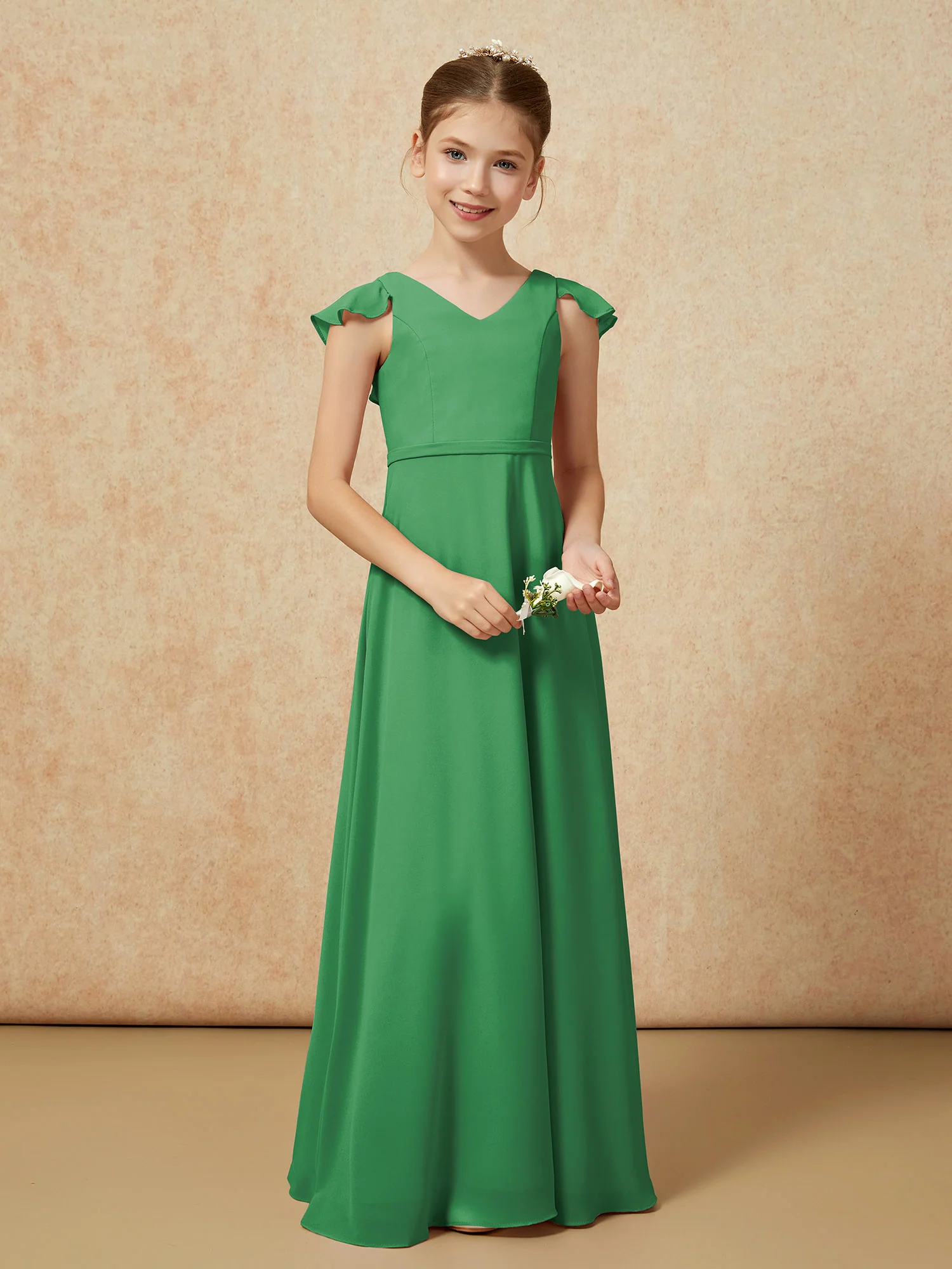 Flutter Sleeves Chiffon A-Line Junior Bridesmaid Dresses Emerald - Image 5