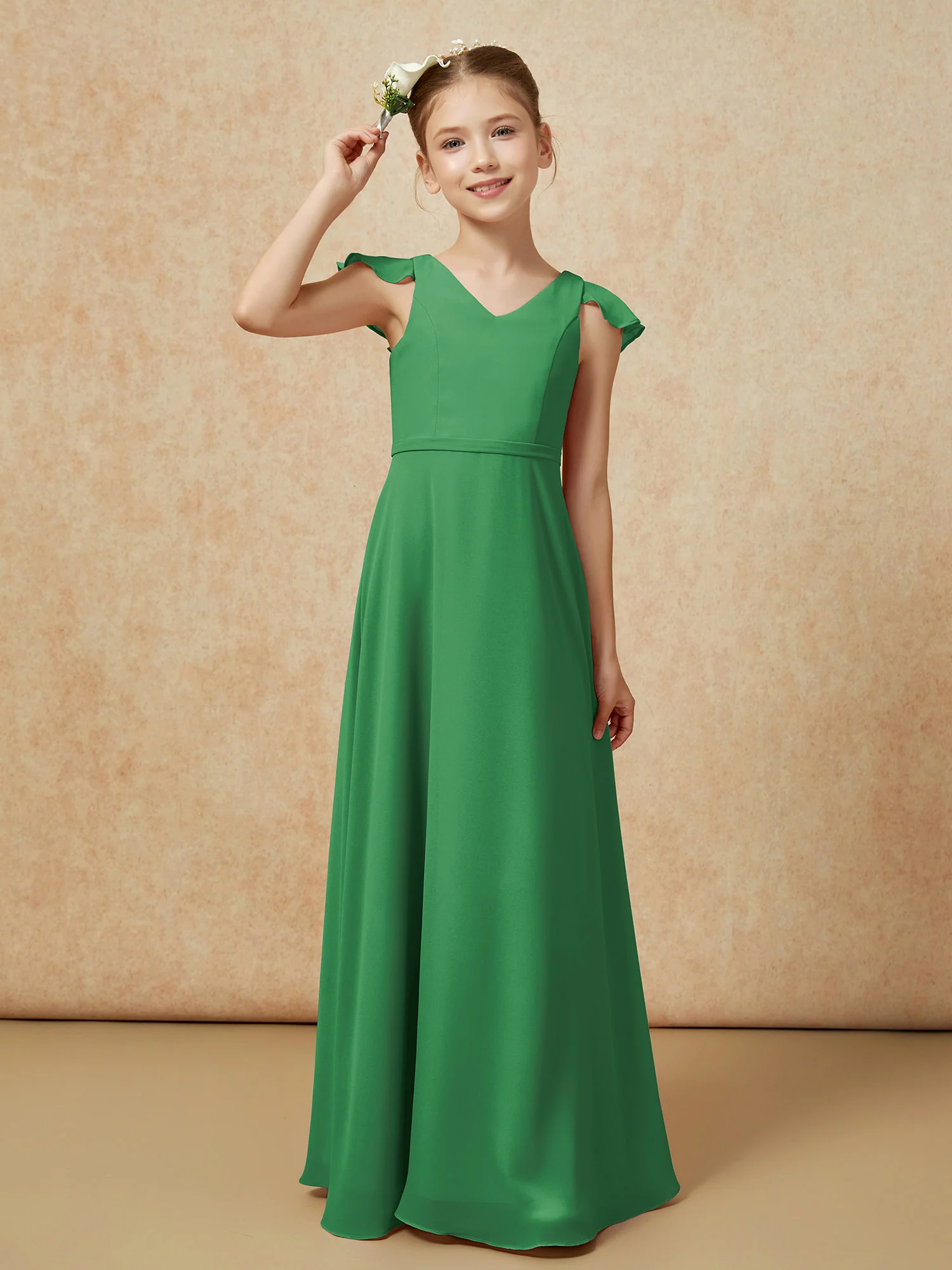 Flutter Sleeves Chiffon A-Line Junior Bridesmaid Dresses Emerald - Image 6