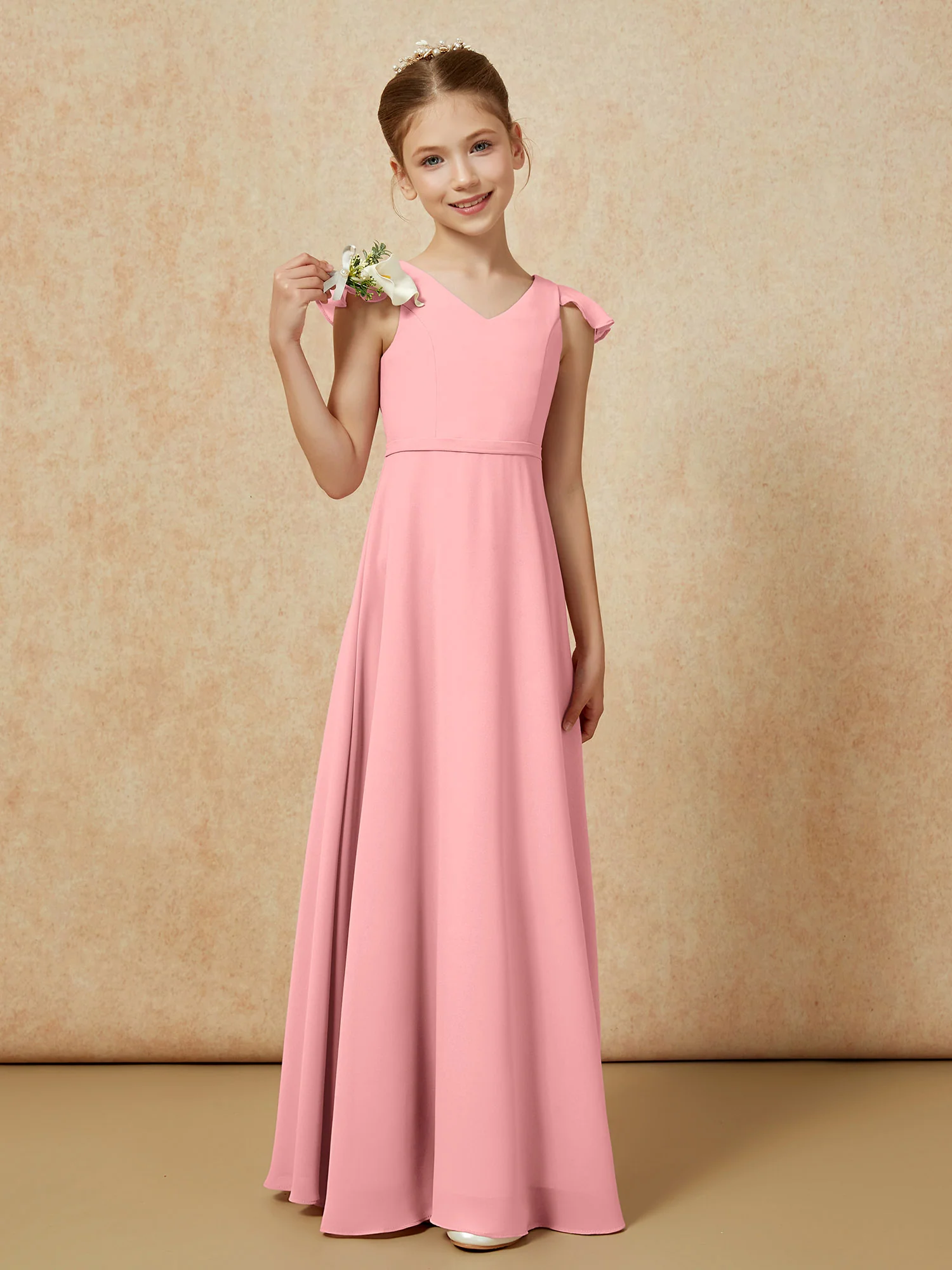 Flutter Sleeves Chiffon A-Line Junior Bridesmaid Dresses Flamingo