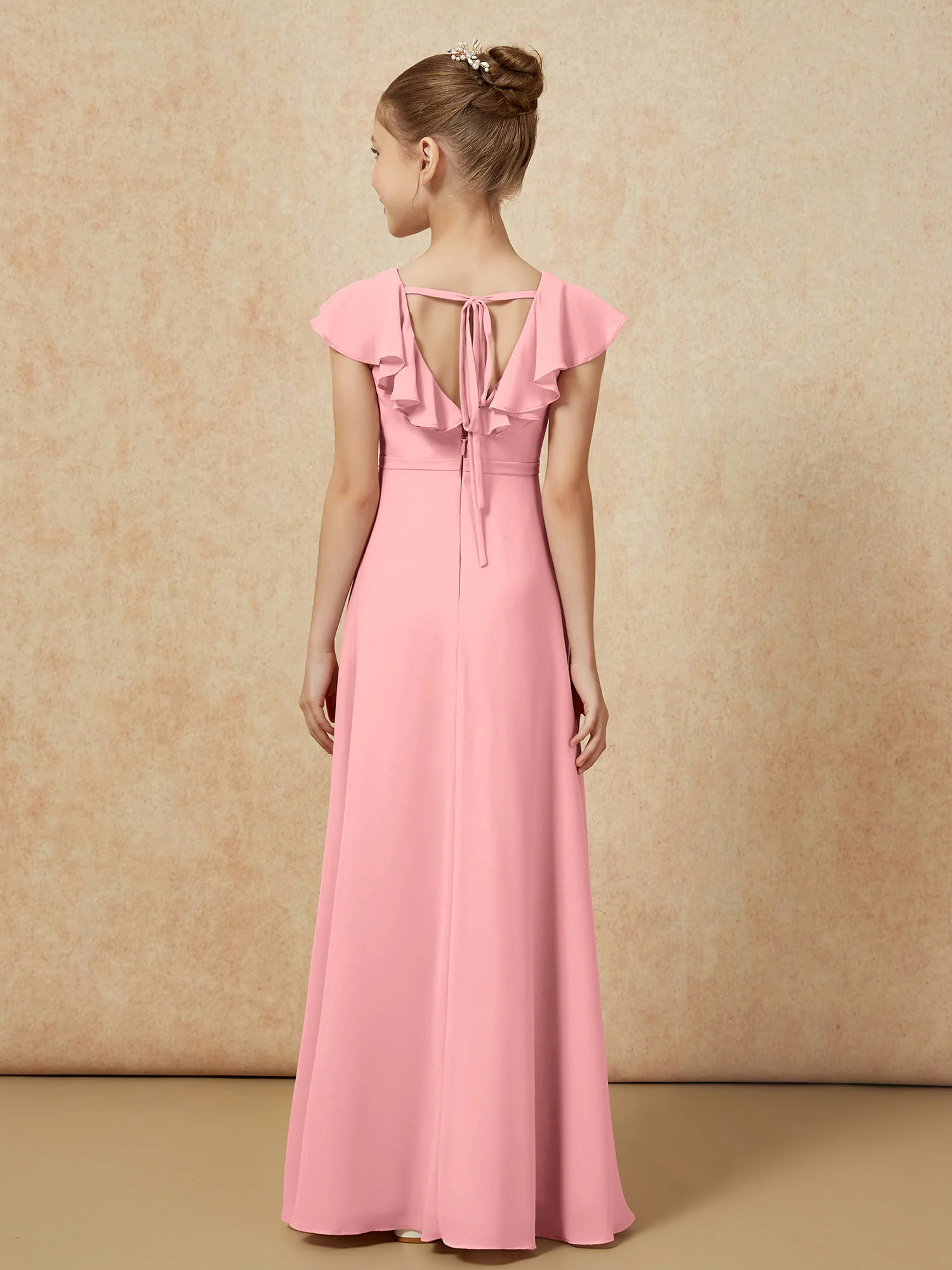 Flutter Sleeves Chiffon A-Line Junior Bridesmaid Dresses Flamingo - Image 2