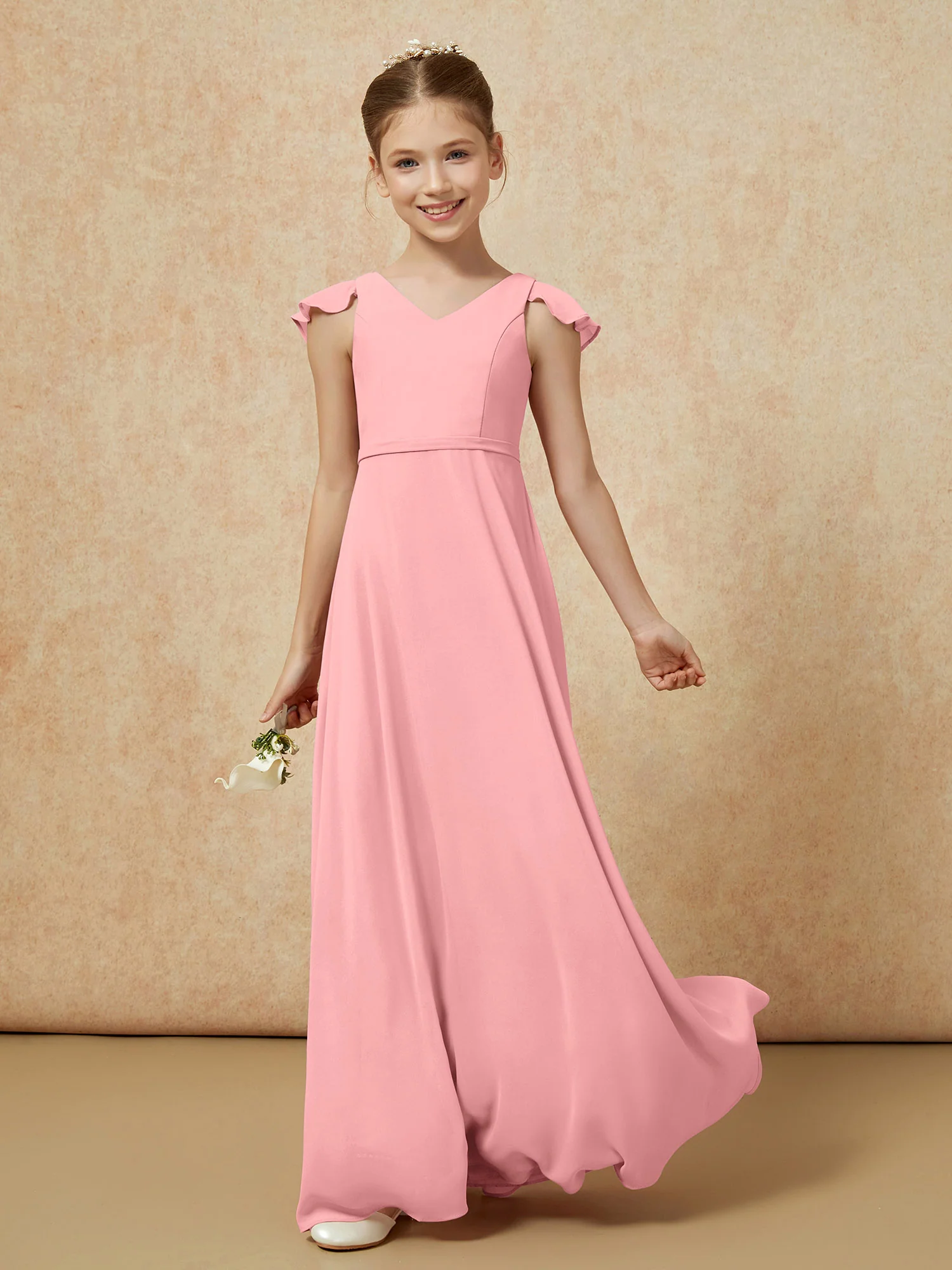 Flutter Sleeves Chiffon A-Line Junior Bridesmaid Dresses Flamingo - Image 3