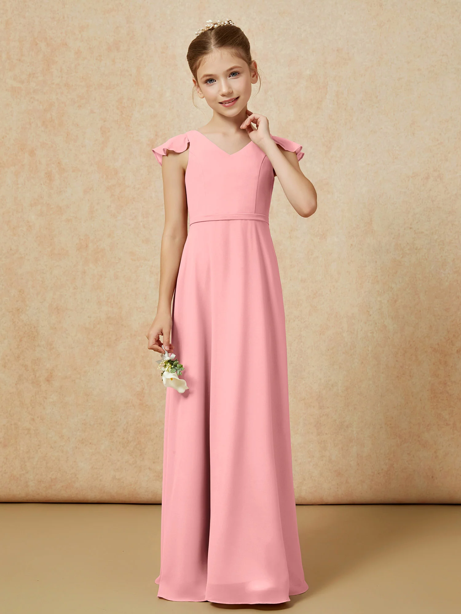 Flutter Sleeves Chiffon A-Line Junior Bridesmaid Dresses Flamingo - Image 4