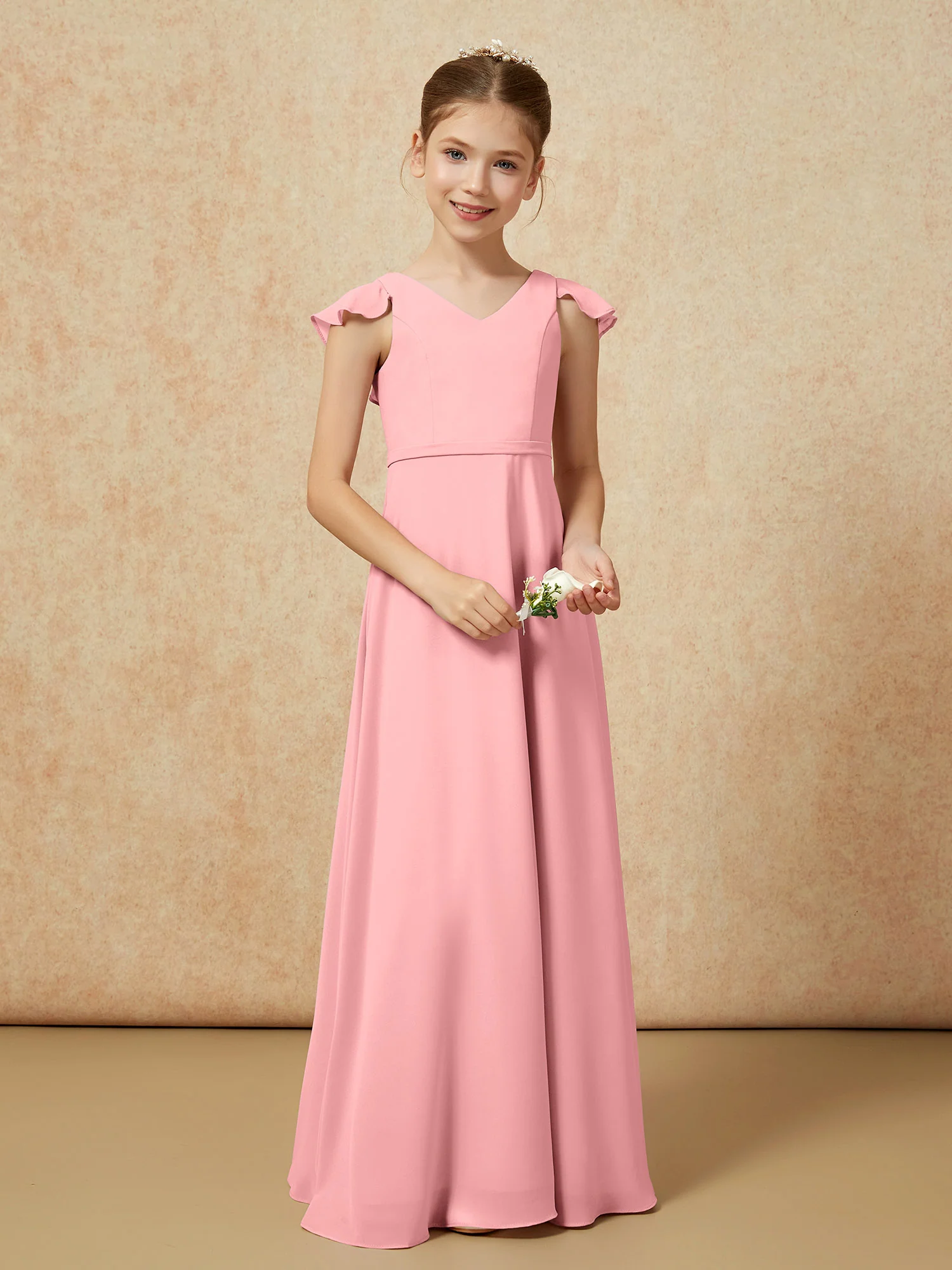 Flutter Sleeves Chiffon A-Line Junior Bridesmaid Dresses Flamingo - Image 5