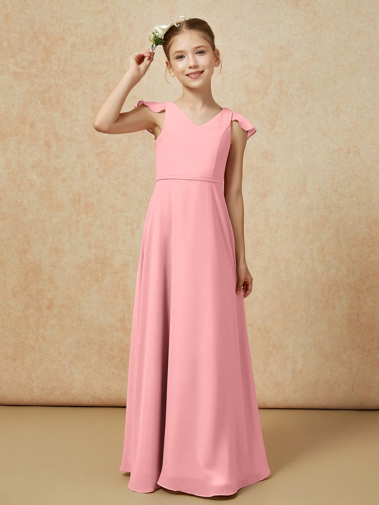 Flutter Sleeves Chiffon A-Line Junior Bridesmaid Dresses Flamingo - Image 6