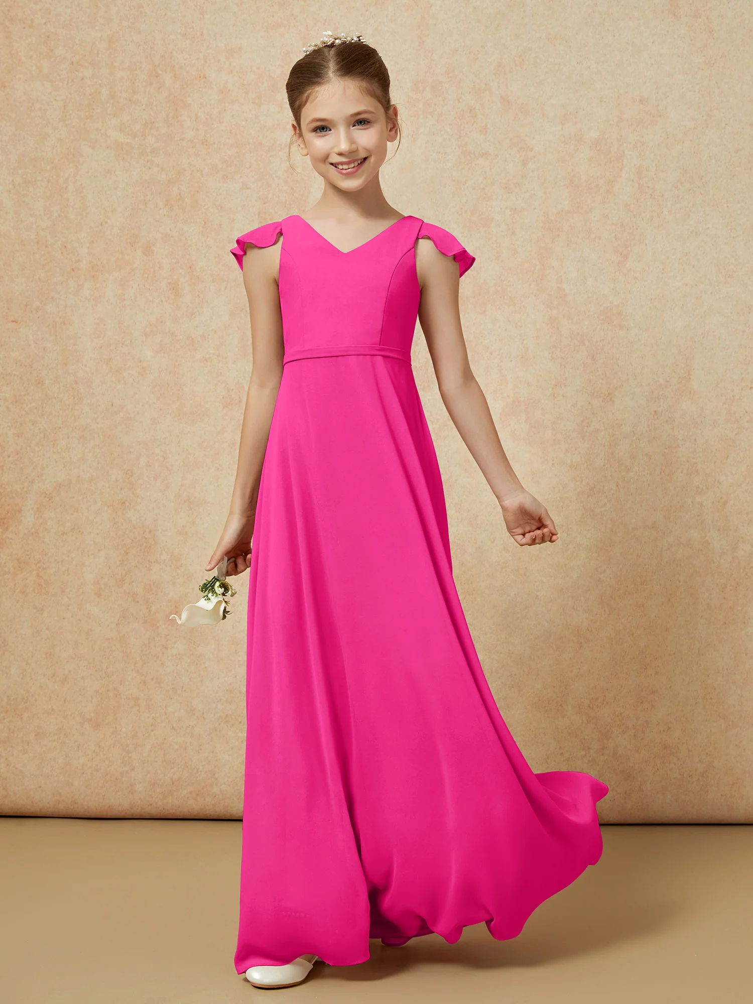 Flutter Sleeves Chiffon A-Line Junior Bridesmaid Dresses Fuchsia - Image 3