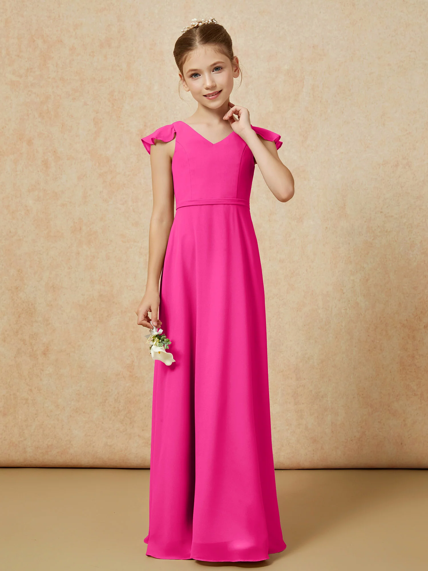 Flutter Sleeves Chiffon A-Line Junior Bridesmaid Dresses Fuchsia - Image 4