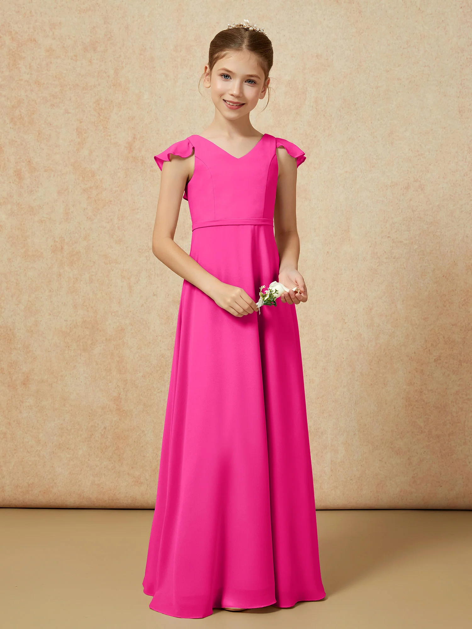 Flutter Sleeves Chiffon A-Line Junior Bridesmaid Dresses Fuchsia - Image 5