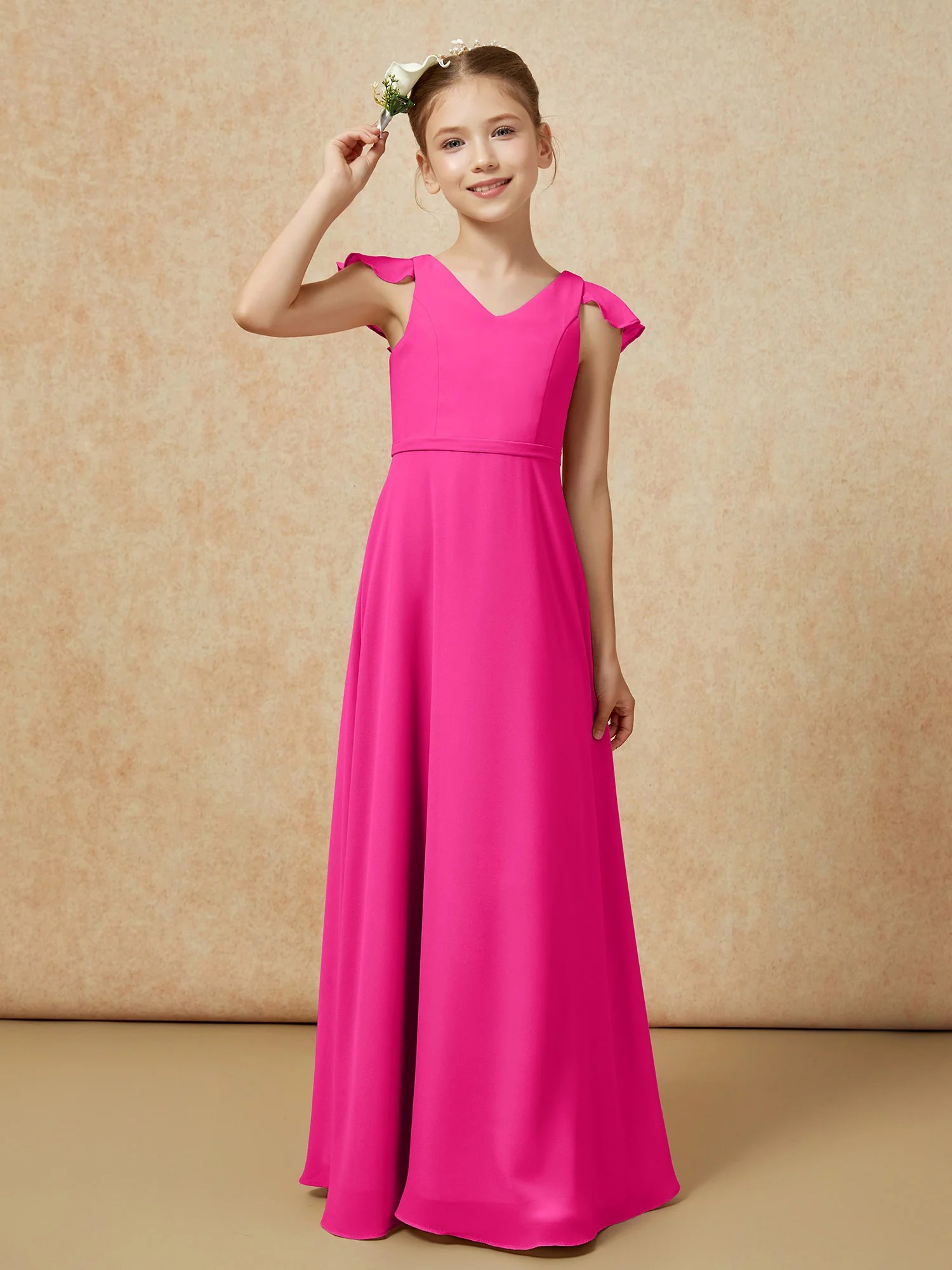 Flutter Sleeves Chiffon A-Line Junior Bridesmaid Dresses Fuchsia - Image 6