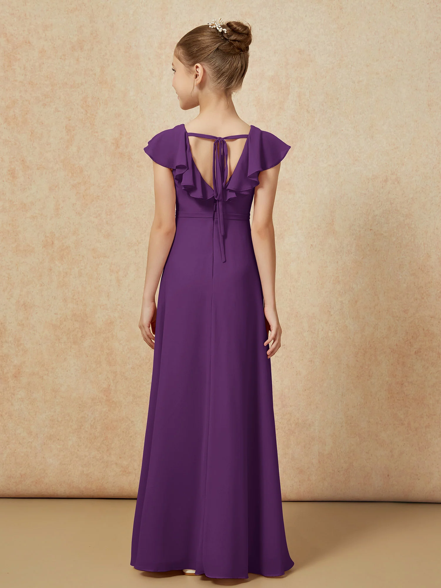 Flutter Sleeves Chiffon A-Line Junior Bridesmaid Dresses Grape - Image 2