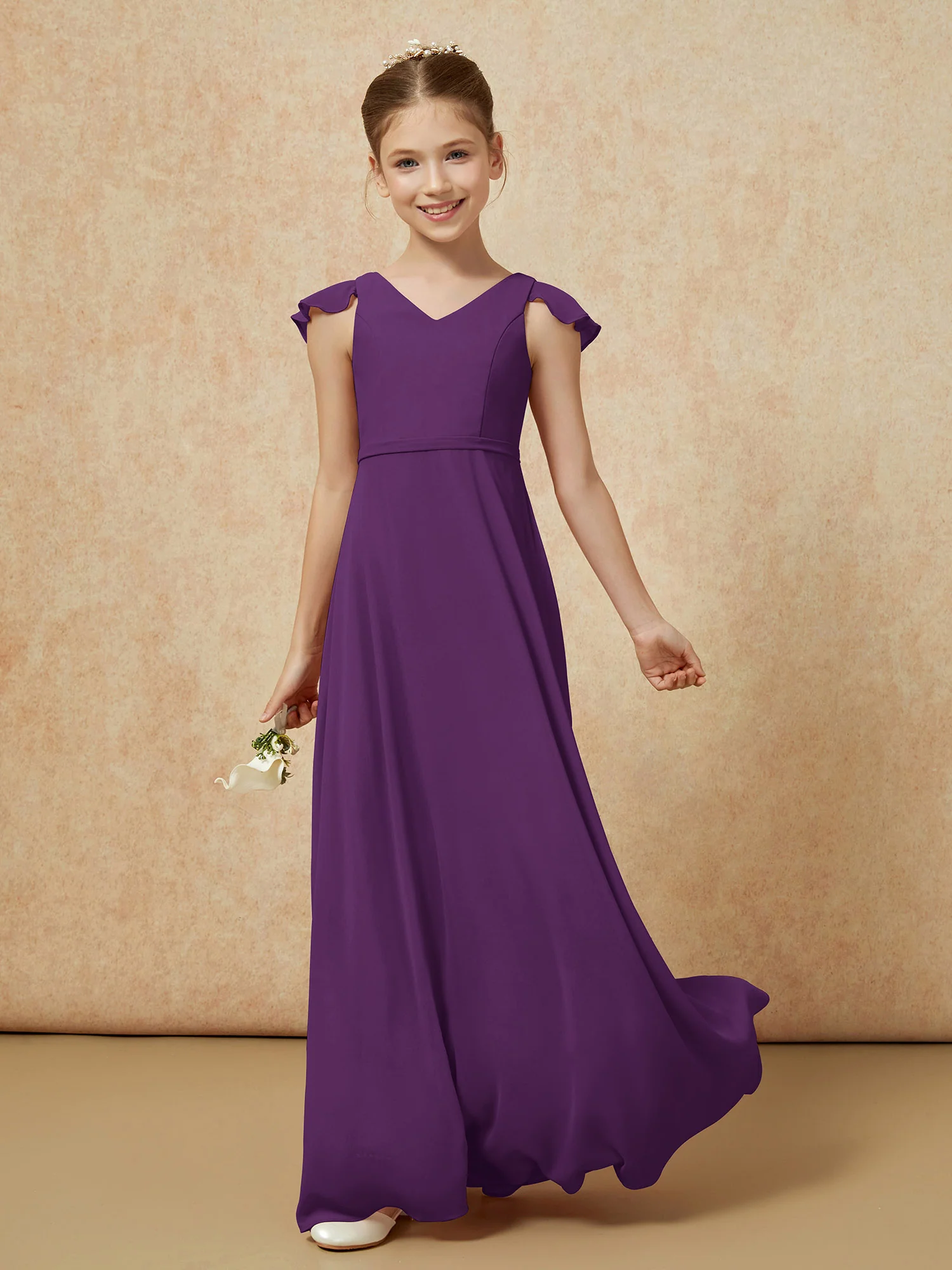 Flutter Sleeves Chiffon A-Line Junior Bridesmaid Dresses Grape - Image 3