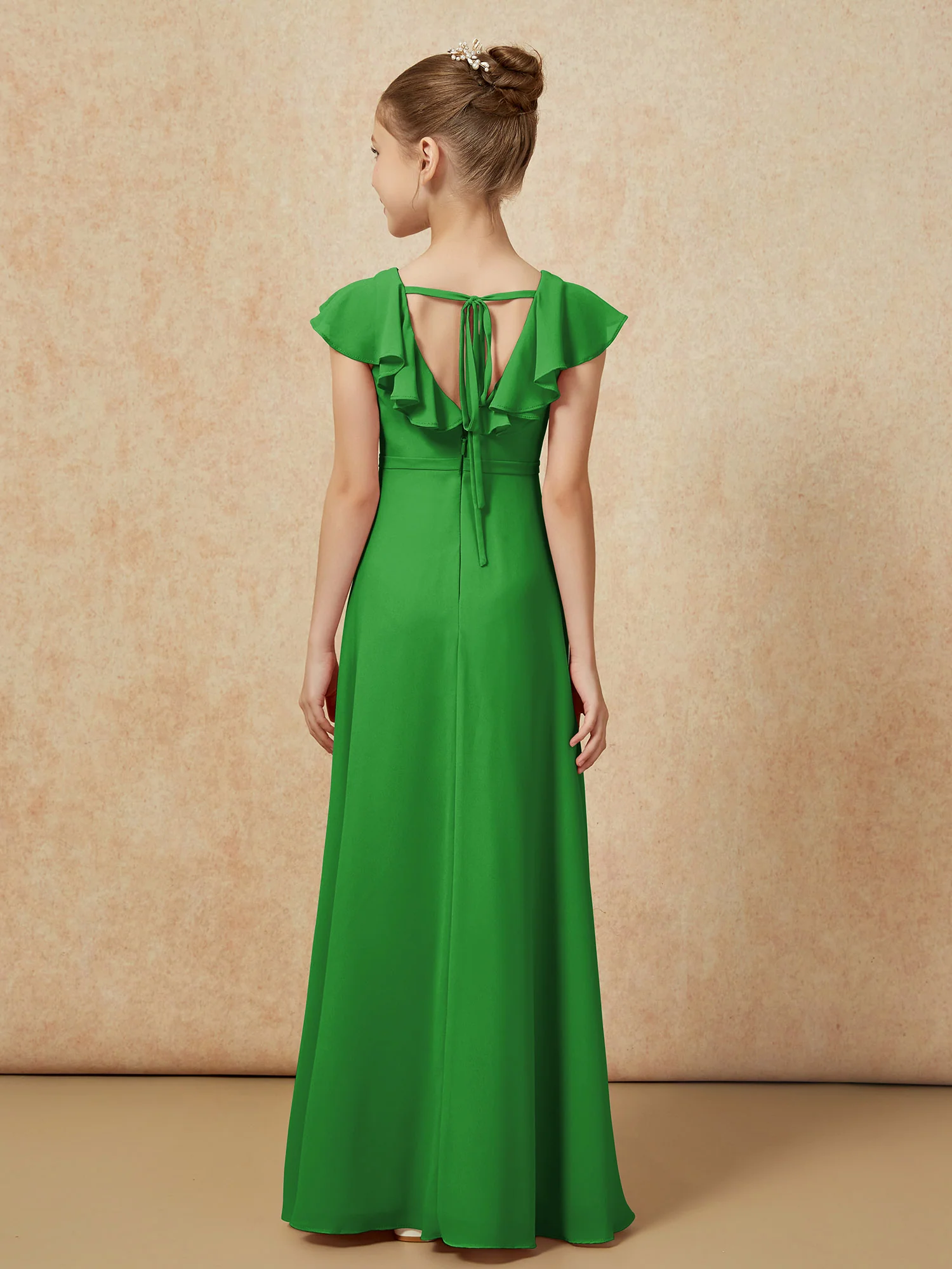 Flutter Sleeves Chiffon A-Line Junior Bridesmaid Dresses Green - Image 2