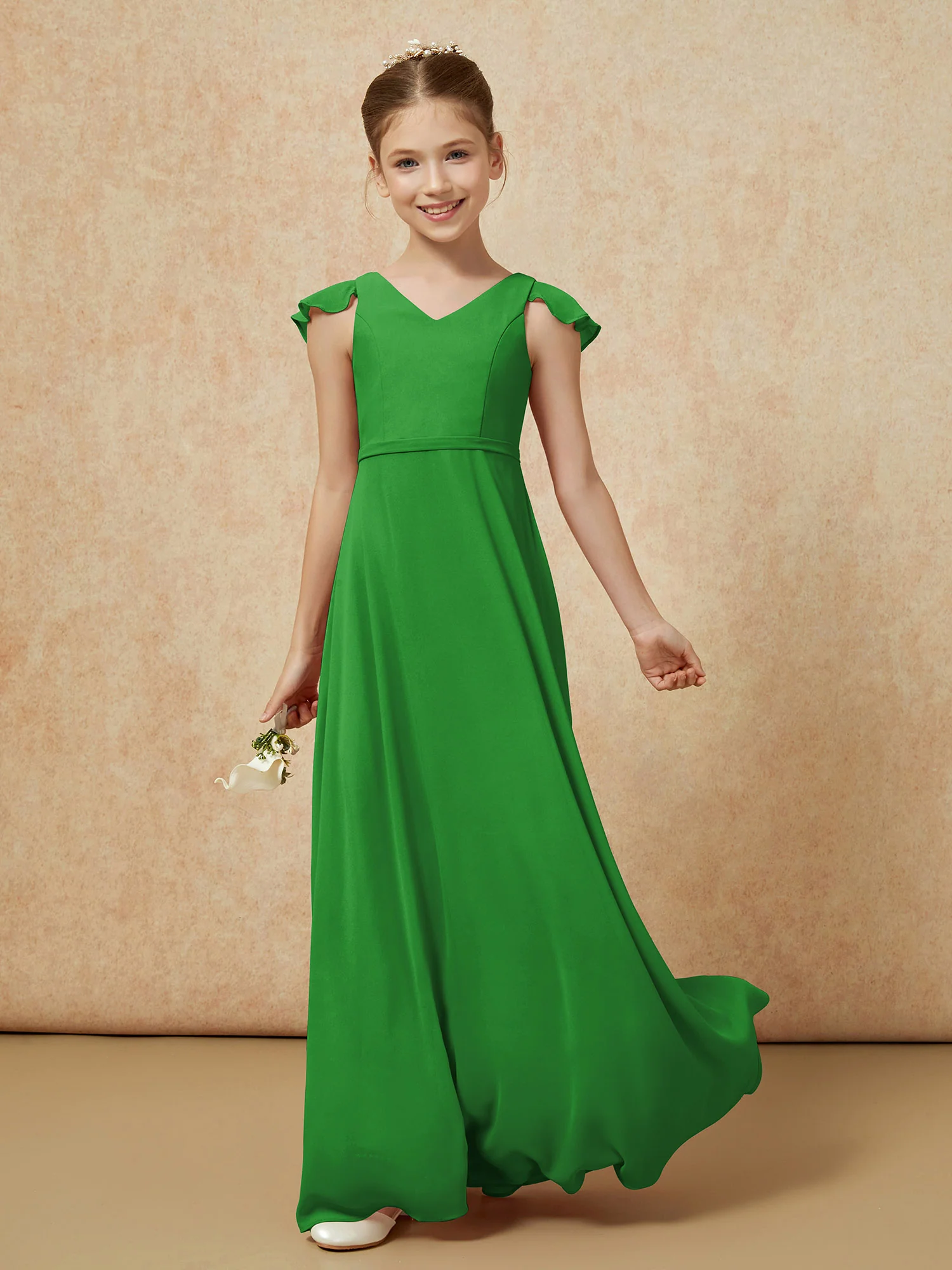 Flutter Sleeves Chiffon A-Line Junior Bridesmaid Dresses Green - Image 3