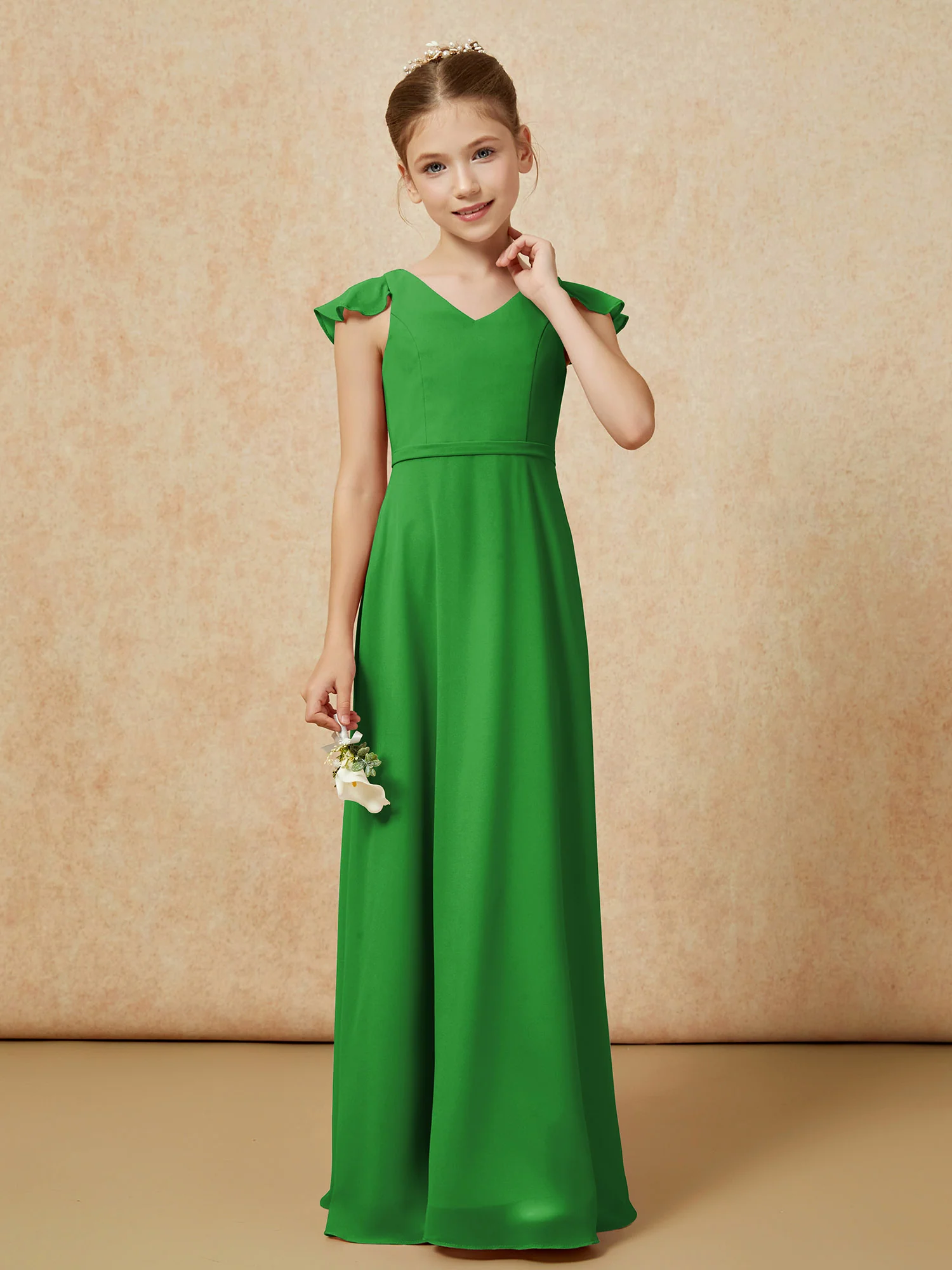 Flutter Sleeves Chiffon A-Line Junior Bridesmaid Dresses Green - Image 4