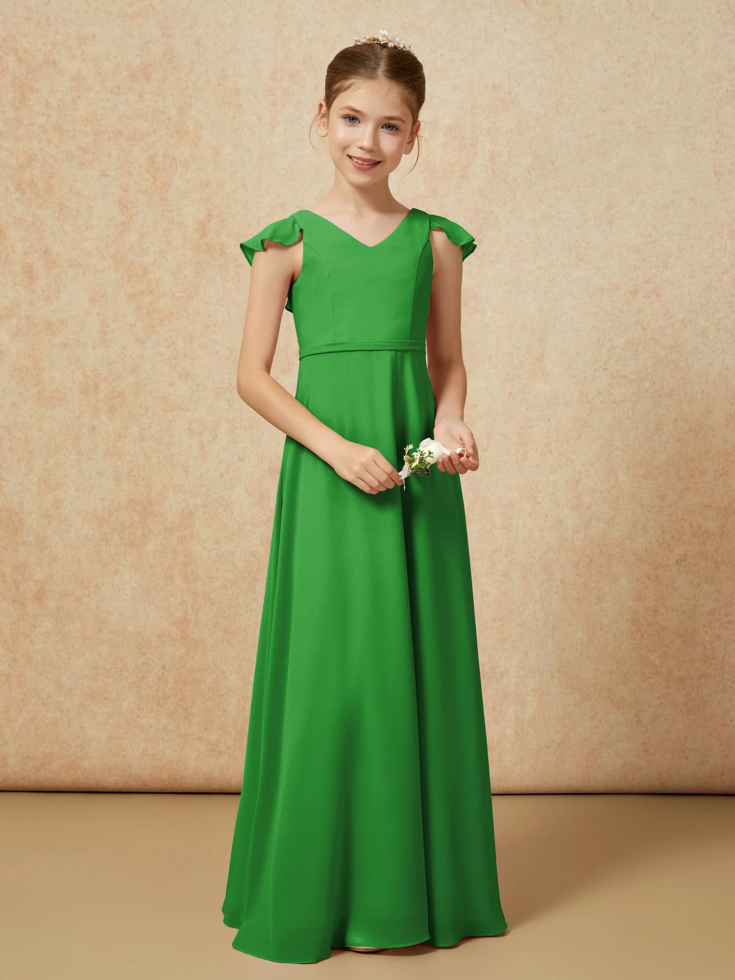 Flutter Sleeves Chiffon A-Line Junior Bridesmaid Dresses Green - Image 5