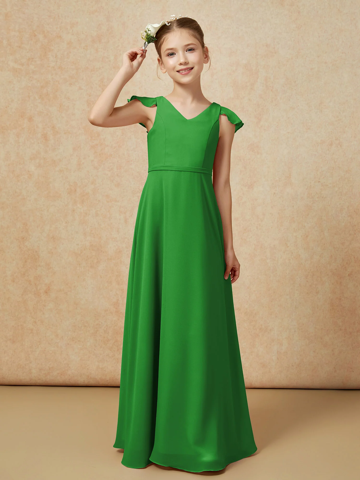 Flutter Sleeves Chiffon A-Line Junior Bridesmaid Dresses Green - Image 6