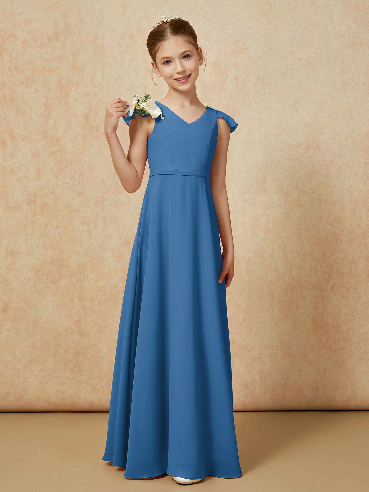 Flutter Sleeves Chiffon A-Line Junior Bridesmaid Dresses Ink Blue