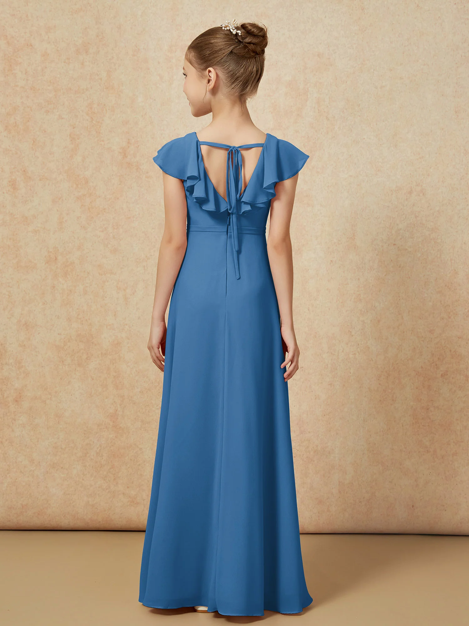 Flutter Sleeves Chiffon A-Line Junior Bridesmaid Dresses Ink Blue - Image 2