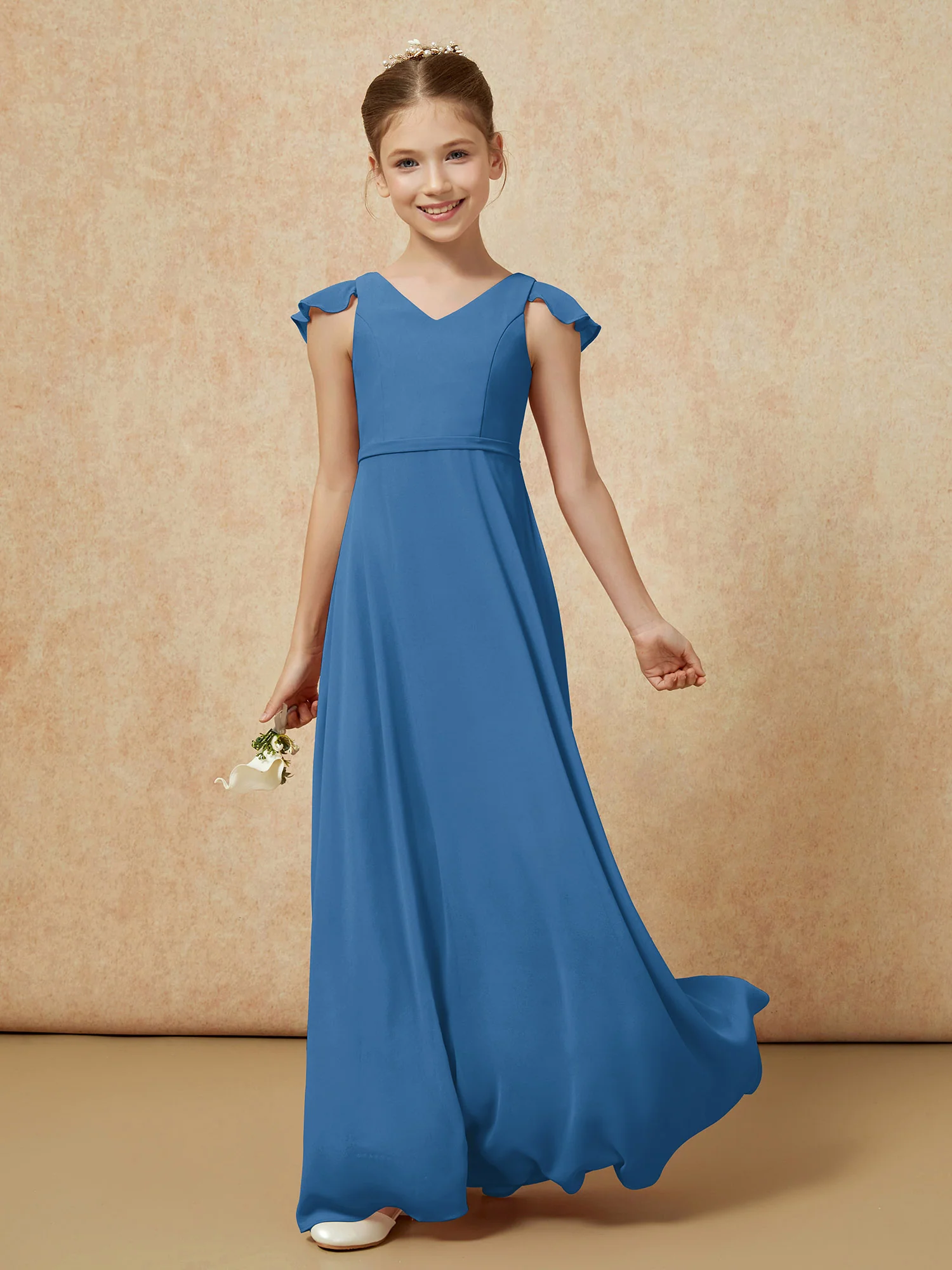 Flutter Sleeves Chiffon A-Line Junior Bridesmaid Dresses Ink Blue - Image 3