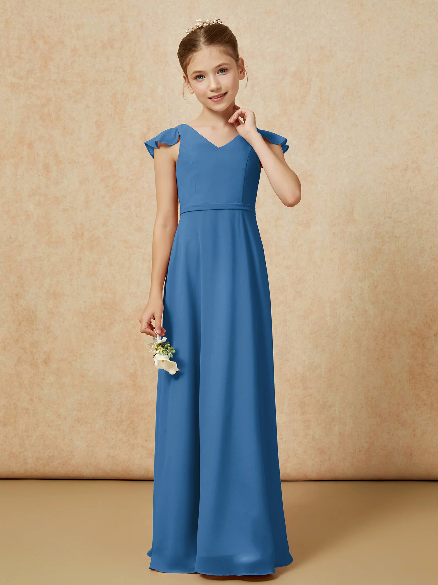 Flutter Sleeves Chiffon A-Line Junior Bridesmaid Dresses Ink Blue - Image 4