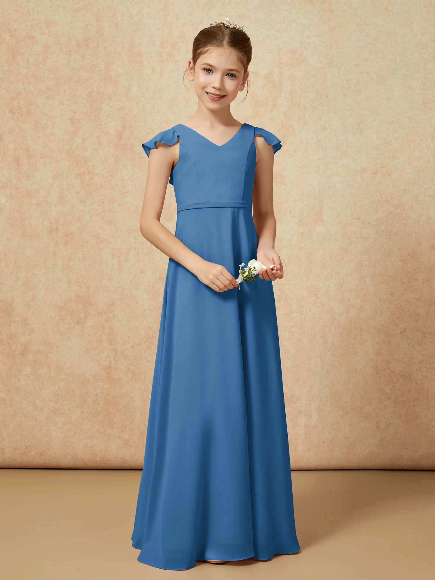 Flutter Sleeves Chiffon A-Line Junior Bridesmaid Dresses Ink Blue - Image 5