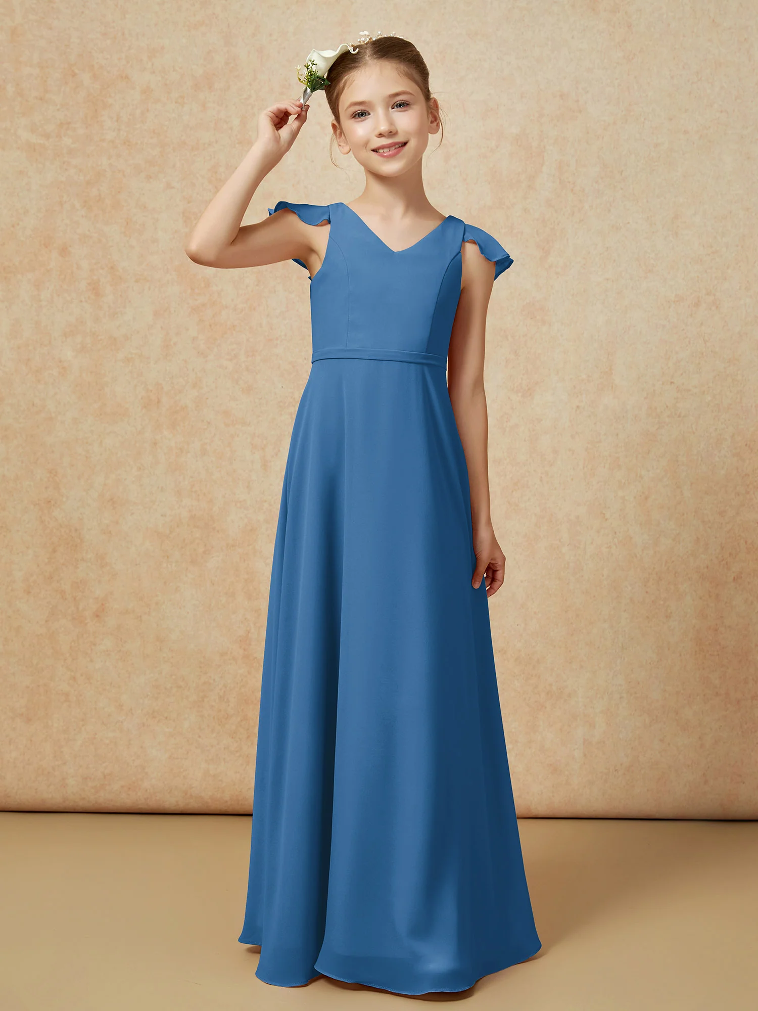 Flutter Sleeves Chiffon A-Line Junior Bridesmaid Dresses Ink Blue - Image 6