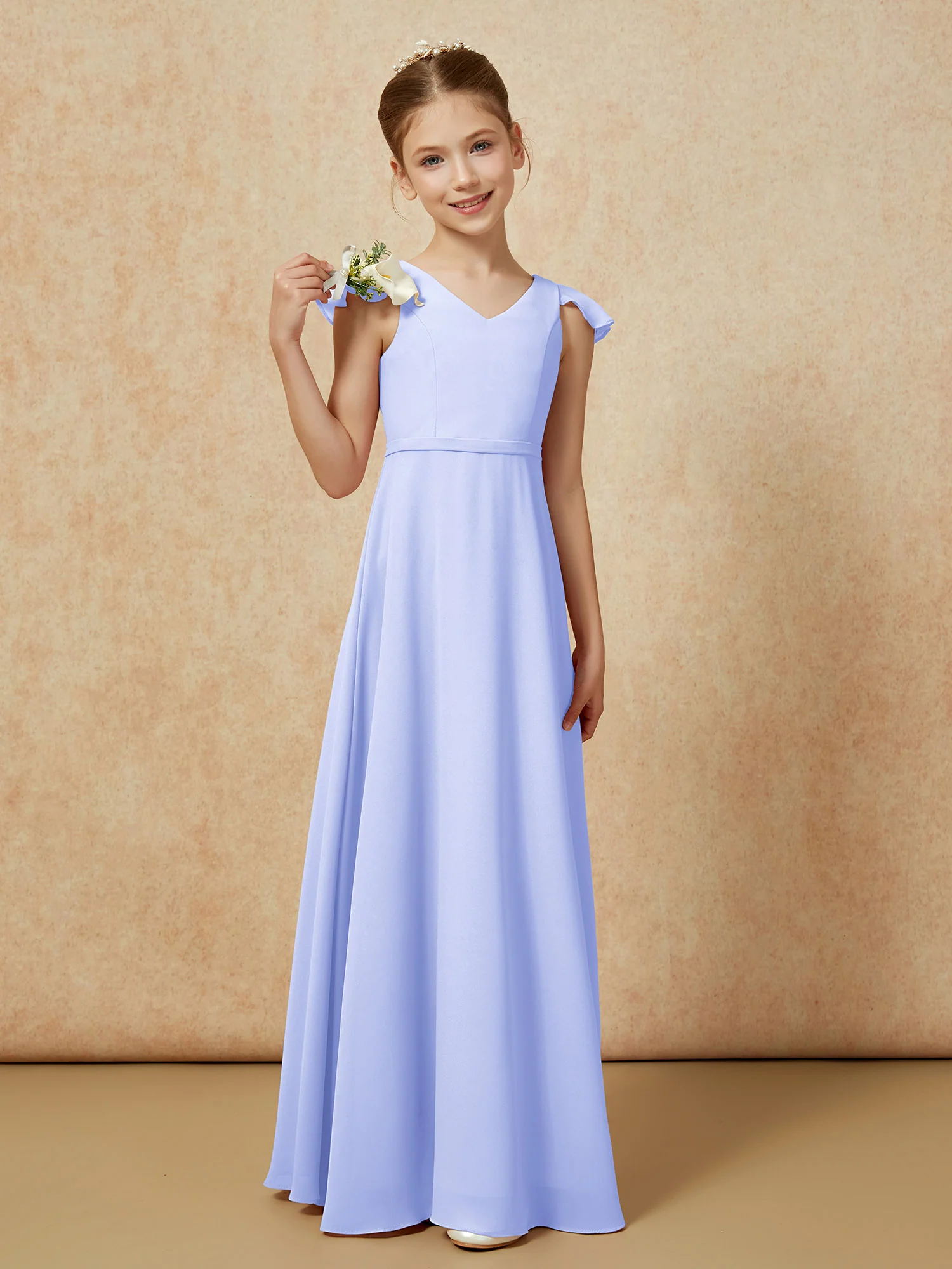 Flutter Sleeves Chiffon A-Line Junior Bridesmaid Dresses Lavender