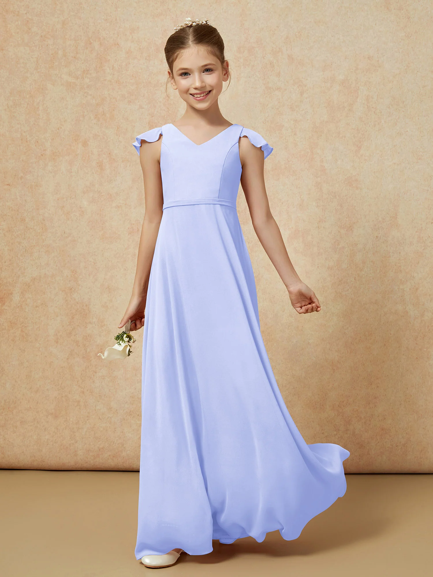 Flutter Sleeves Chiffon A-Line Junior Bridesmaid Dresses Lavender - Image 3