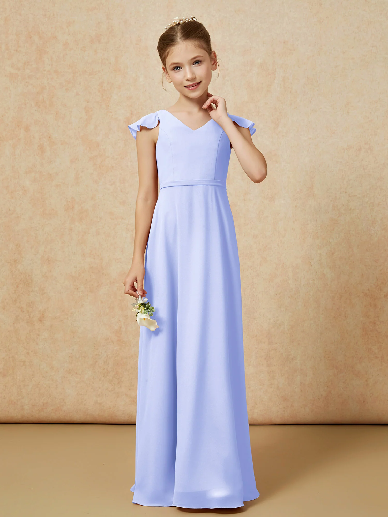 Flutter Sleeves Chiffon A-Line Junior Bridesmaid Dresses Lavender - Image 4
