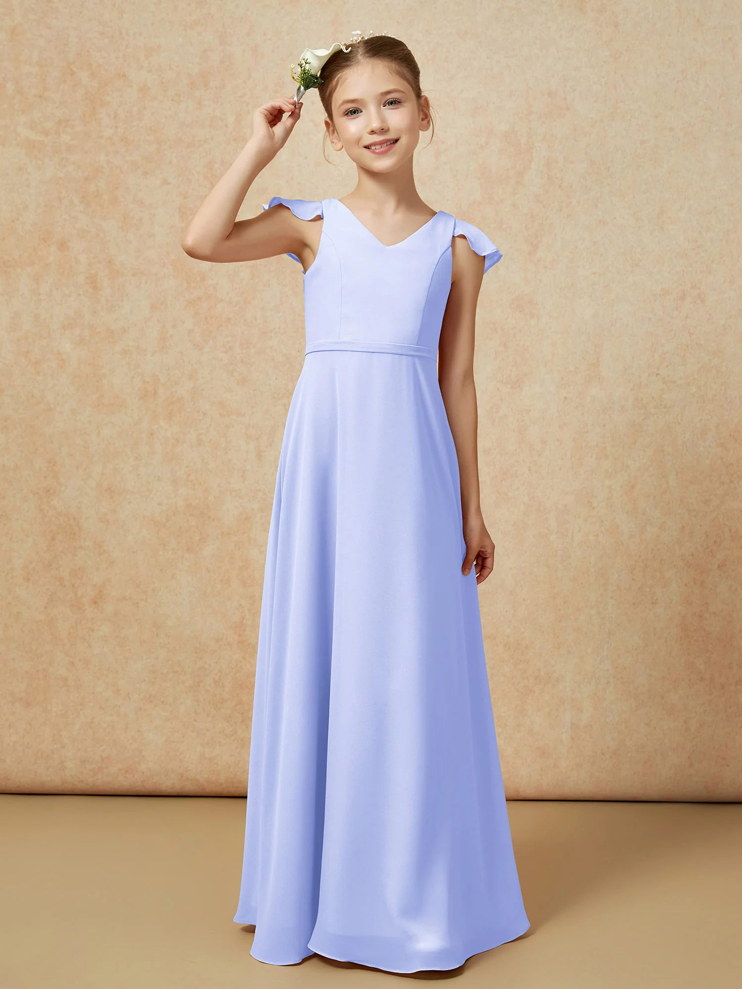 Flutter Sleeves Chiffon A-Line Junior Bridesmaid Dresses Lavender - Image 6