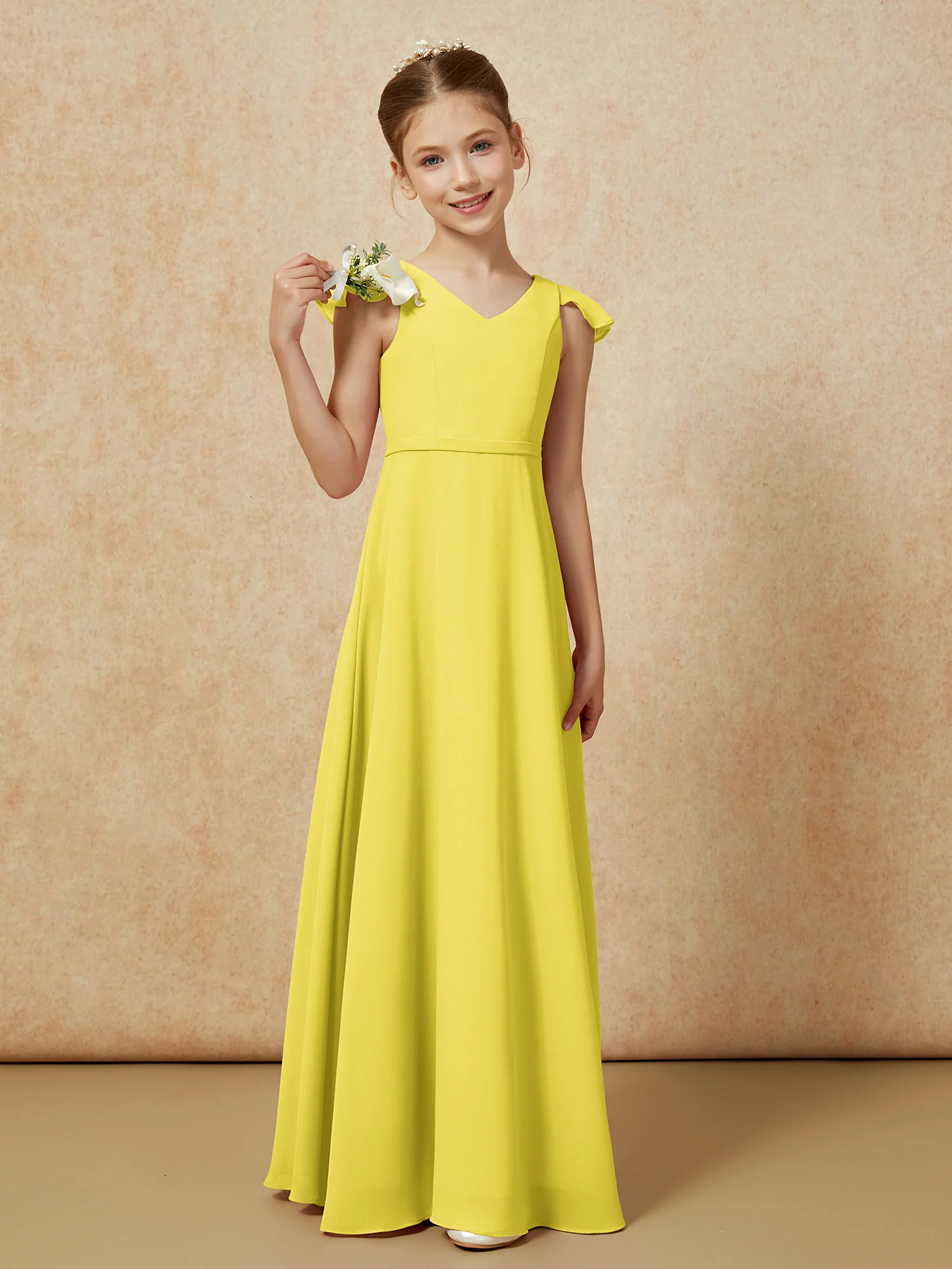 Flutter Sleeves Chiffon A-Line Junior Bridesmaid Dresses Lemon