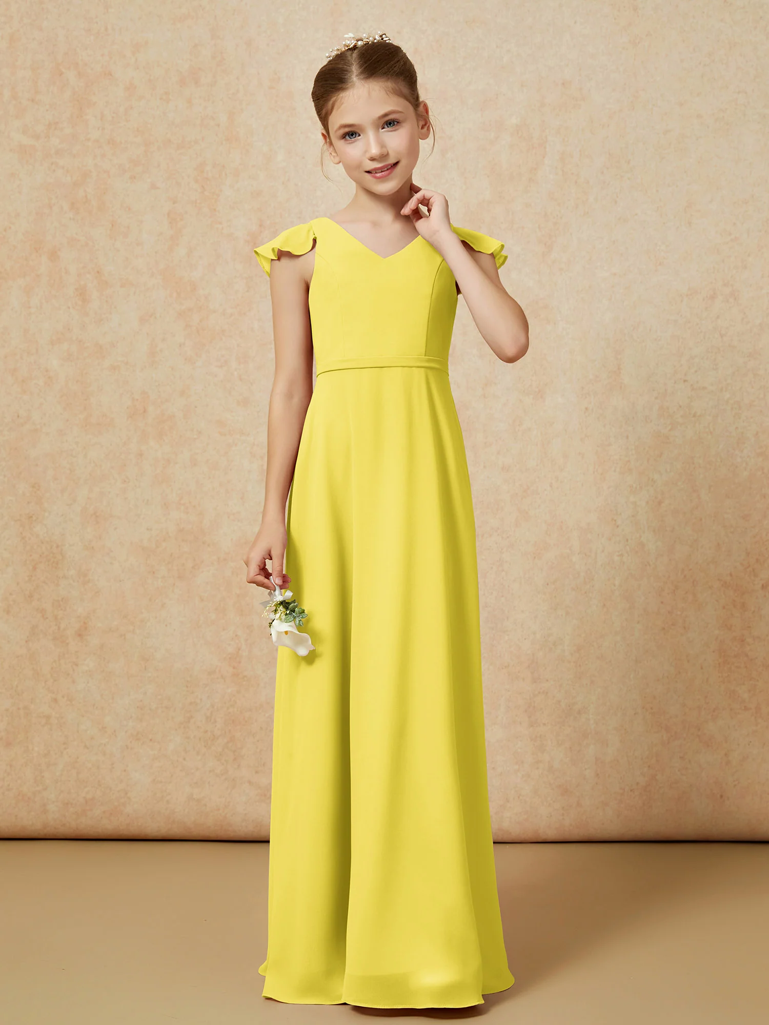Flutter Sleeves Chiffon A-Line Junior Bridesmaid Dresses Lemon - Image 4