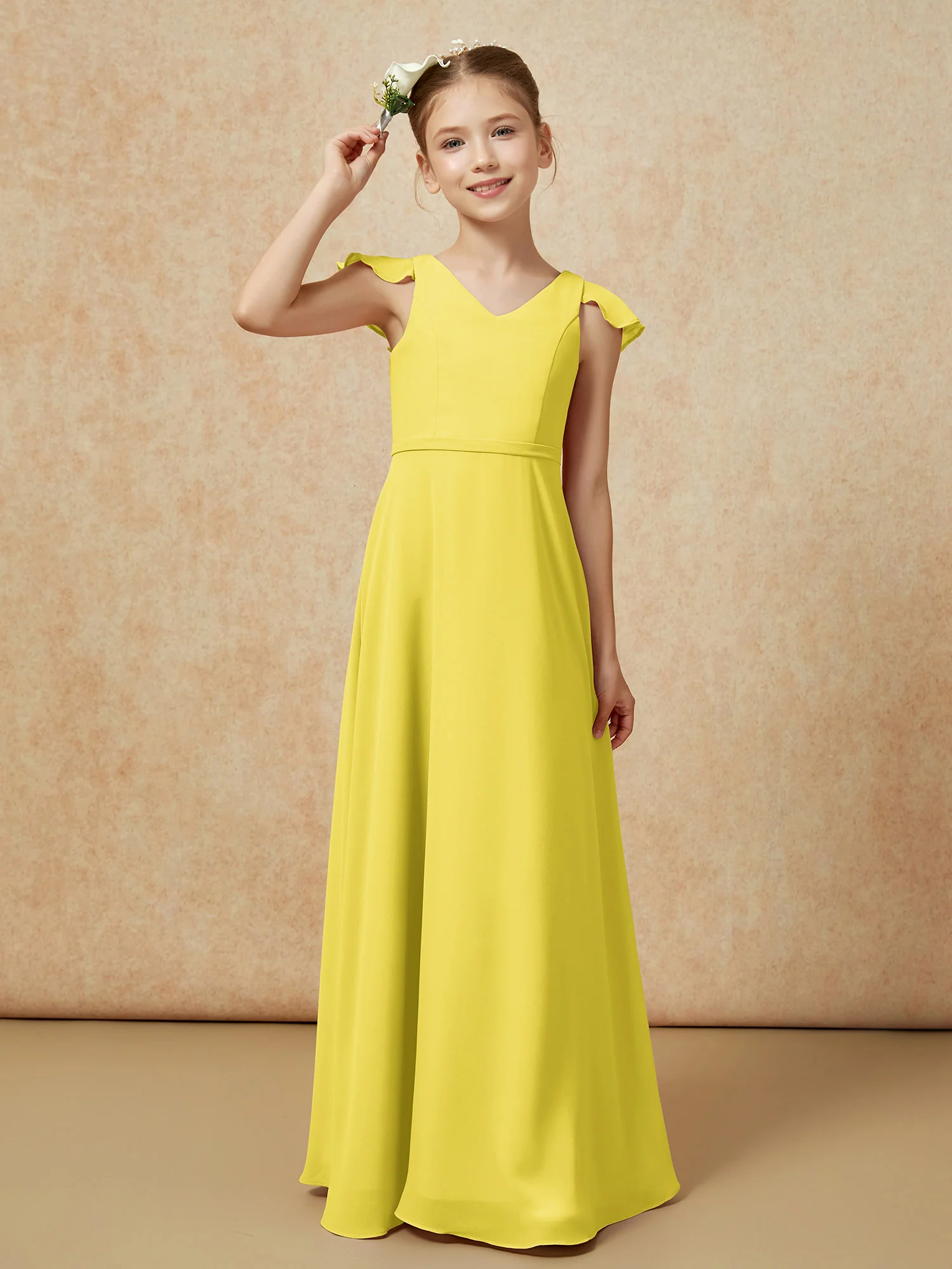Flutter Sleeves Chiffon A-Line Junior Bridesmaid Dresses Lemon - Image 6